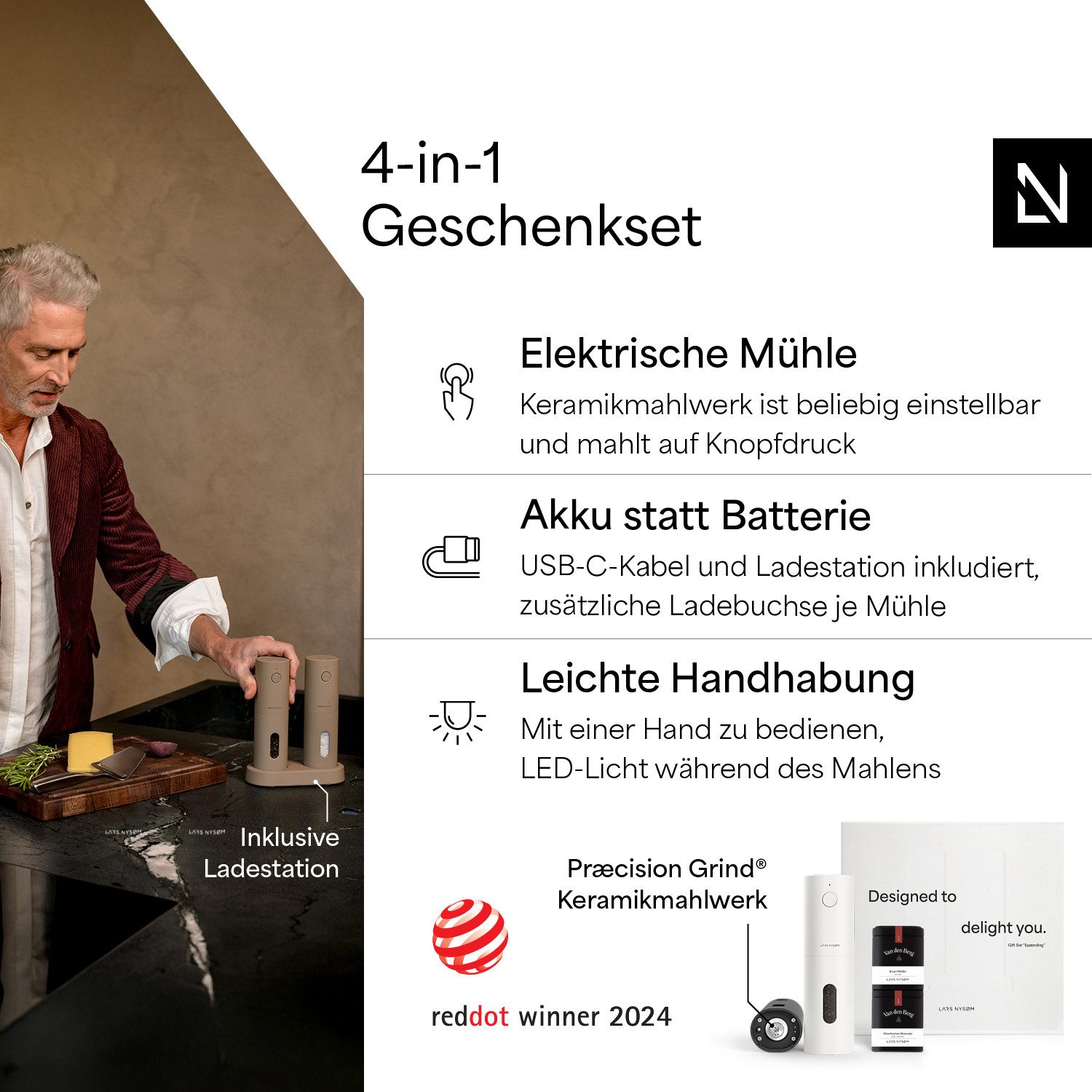 LARS NYSØM Gewürzmühle Spænding praktische Einhandbedienung per Drucktaste, (2 Stück), hochweritges Geschenkset mit elektrischen Gewürzmühlen