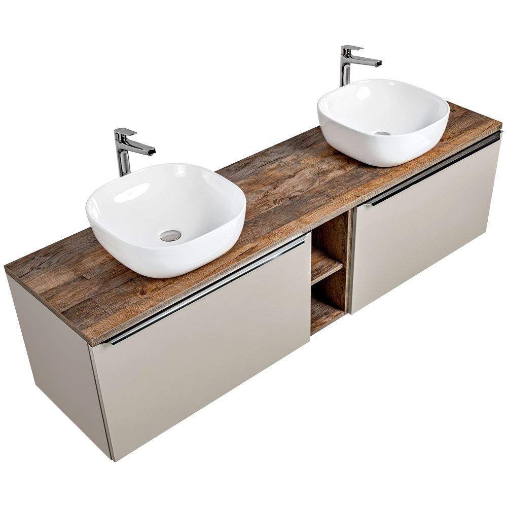 Lomadox Waschtisch PUEBLA-56-TAUPE, Eiche 2 Keramikbecken günstig online kaufen