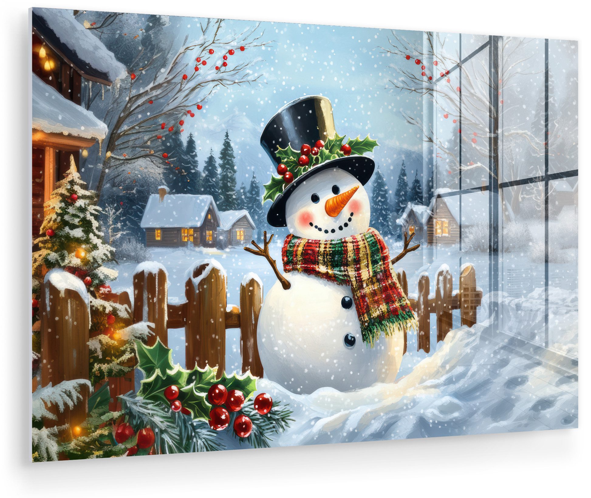 MuchoWow Acrylglasbild Schneemann - Winterdorf - Farbenfroh, Inkl. Aufhängung, Glasbilder Wohnzimmer, Schlafzimmer, Flur & Esszimmer, 30x20 cm