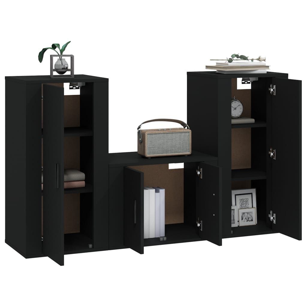 vidaXL TV-Schrank 3-tlg. TV-Schrank-Set Schwarz (3-St) Holzwerkstoff