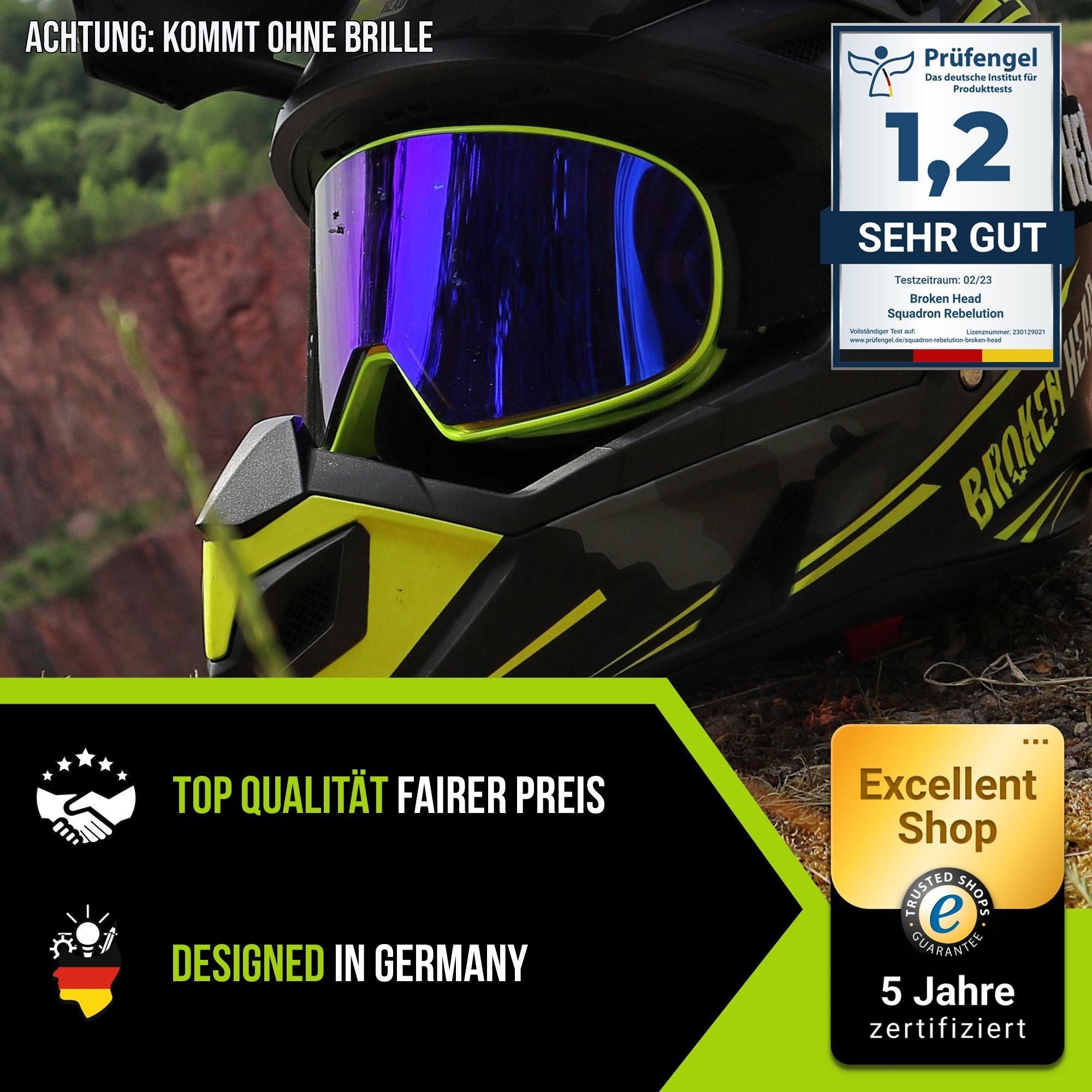 Broken Head Motocrosshelm Squadron Rebelution Gelb, Zwei Verschlüsse