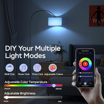 MODLICHT LED Stehlampe RGB LED Bogenlampe Stoffschirm 165-180cm Höhenverstellbar Stehleuchte, mit Alexa und Google Home, 2700K- 6500K, Fußschalter