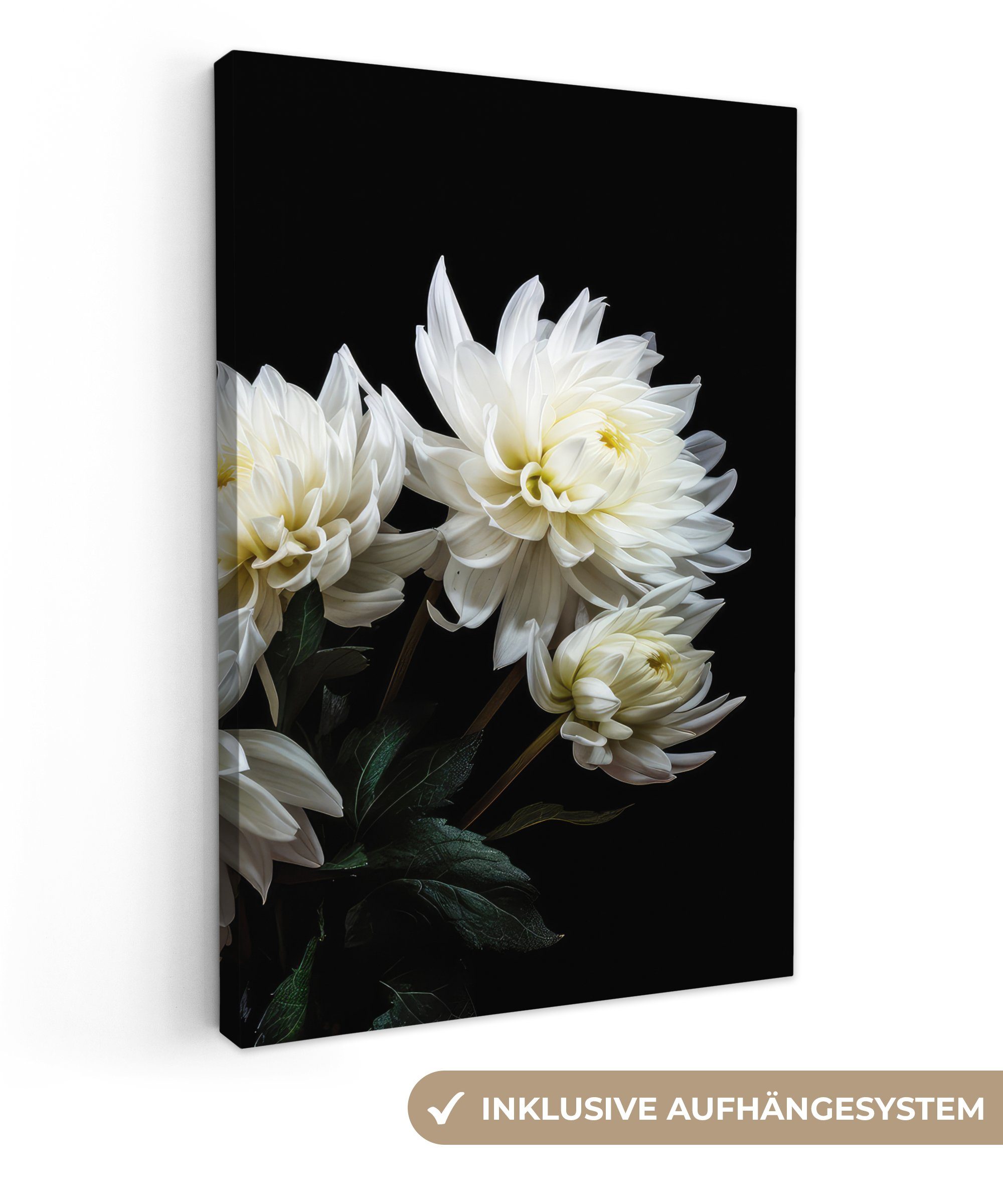 OneMillionCanvasses® Leinwandbild Blumen cm - Zackenaufhänger, - Chrysantheme Gemälde, inkl. fertig bespannt - Weiß Leinwandbild Botanisch, St), (1 Natur - 20x30