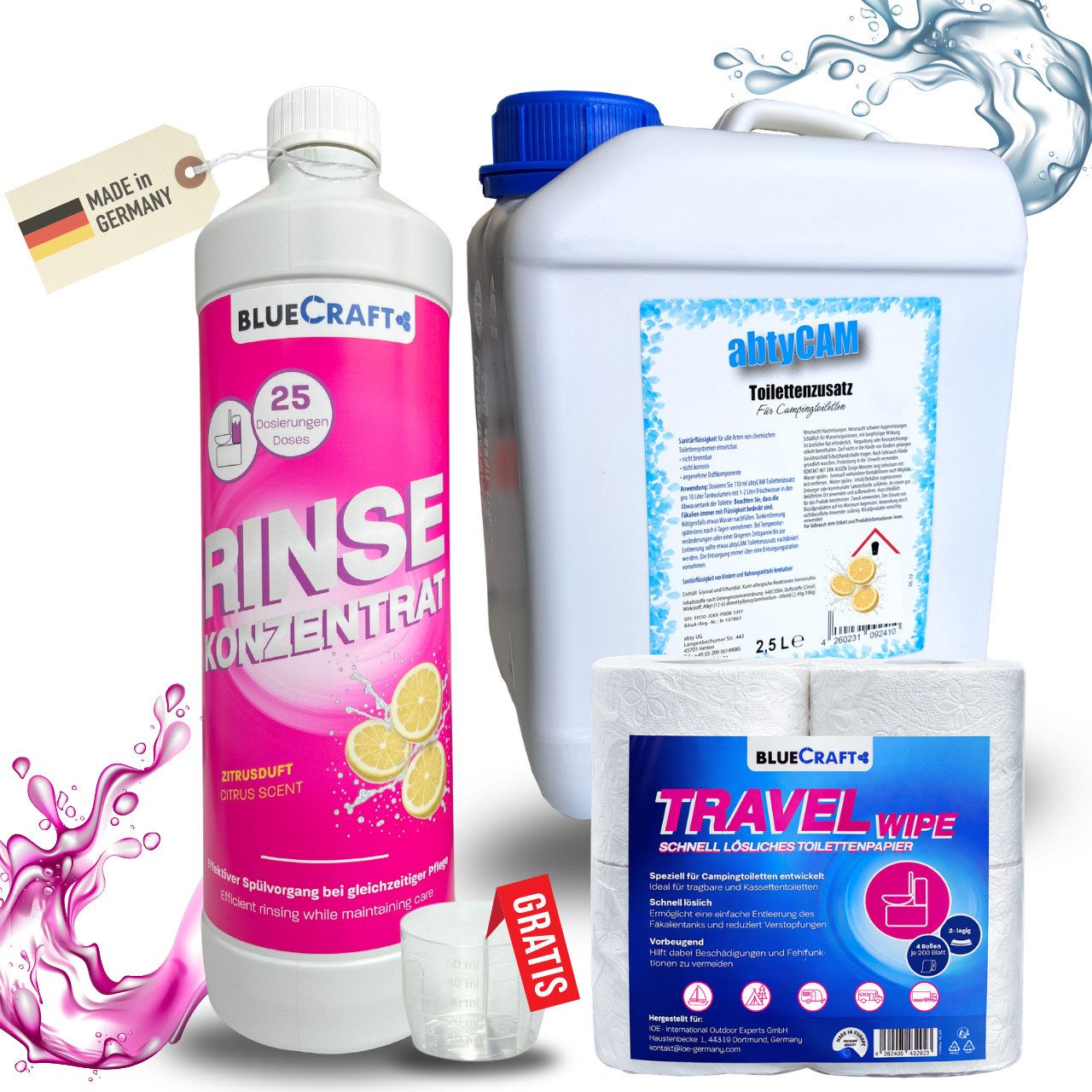 BlueCraft Sanitärflüssigkeit Set 1x 1L & 2,5L für Campingtoiletten Sanitärzusatz Campingtoilettenreiniger (inkl. Dosierbecher 50 ml & 4er Toilettenpapier Sanitärflüssigkeit für Camping Hygiene)