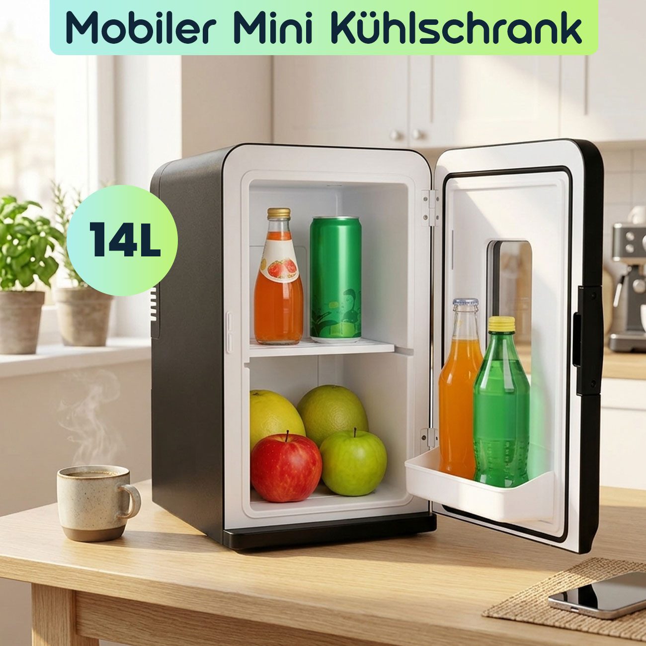 shop'n smile ideoon Kühlbox Mobiler 14L Mini-Kühlschrank (12V/230V) zum Kühlen & Wärmen, Schwarz, Praktischer Einlegeboden, Türablage und grosses Sichtfenster