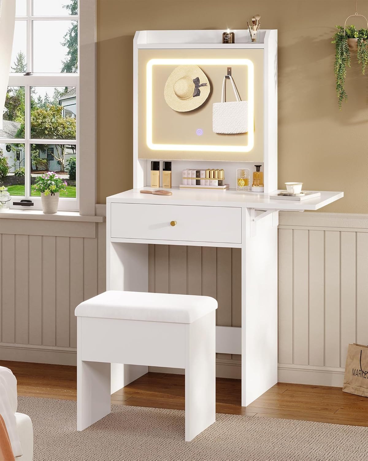 MSMASK Schminktisch mit Beleuchtung, 3 Farben, Einstellbare Helligkeit (Schminktisch Klein mit Hocker), Weiß