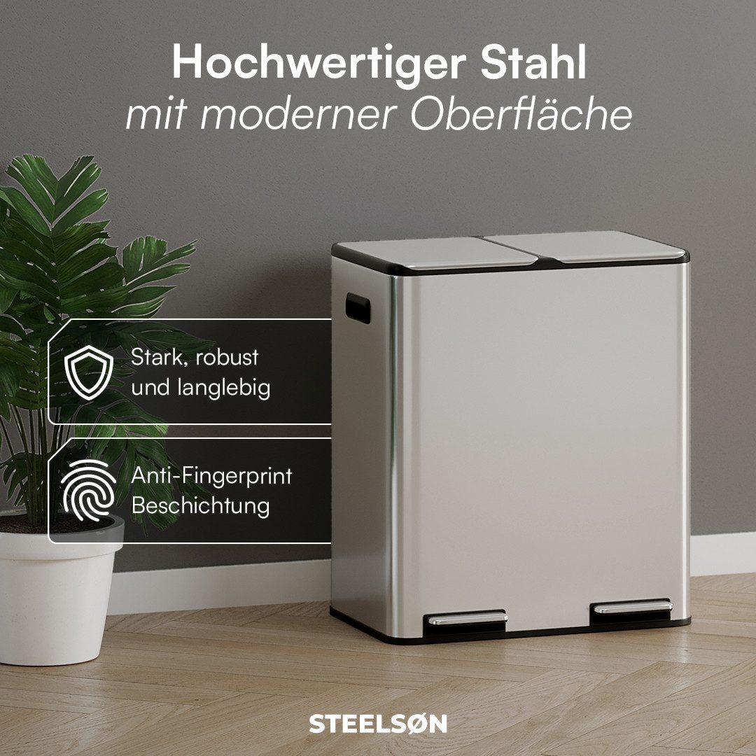 STEELSØN Mülleimer Elyron 2x30 Liter, Abfalleimer aus Edelstahl, mit Soft-Close-Funktion & Inneneimer
