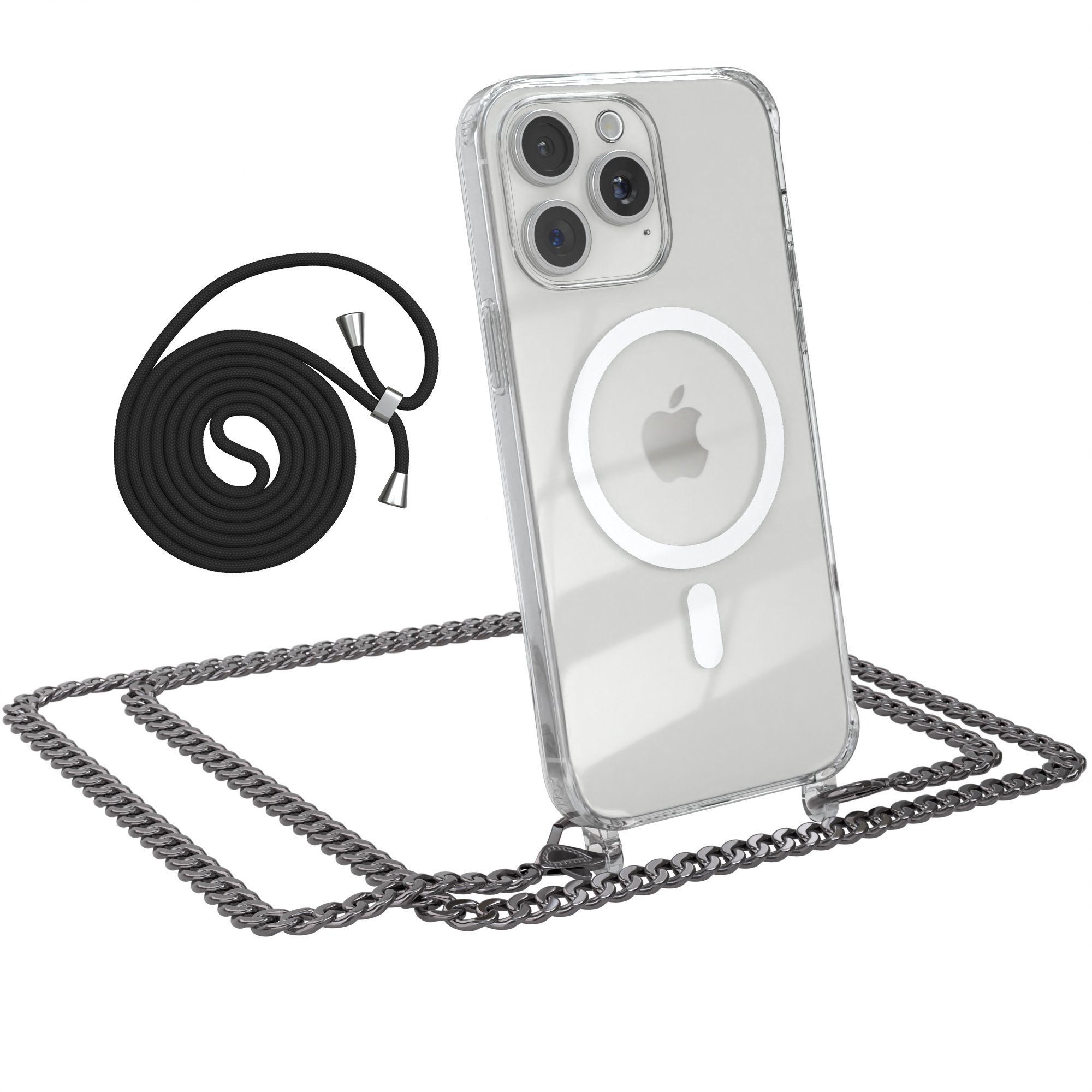 EAZY CASE Handykette Metallkette Magsafe Hülle für iPhone 15 Pro Max 6,7 Zoll, Handykordel Metall Kette zum Umhängen Magsafe Schutzhülle Anthrazit