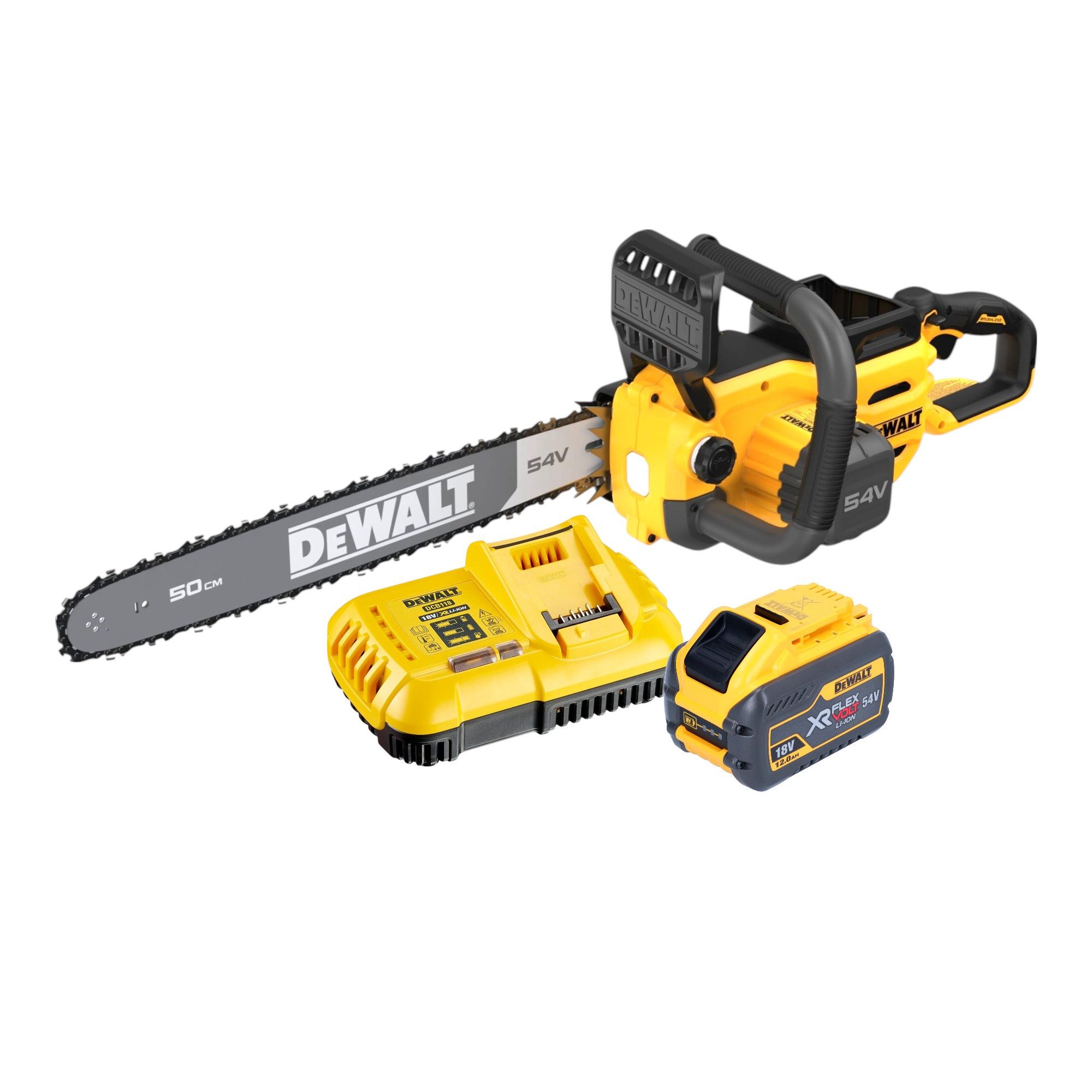 DeWalt Benzin-Kettensäge DCMCS 575 Y1 54 V FlexVolt 50 cm Brushless + 1x Akku 12,0Ah + Lader