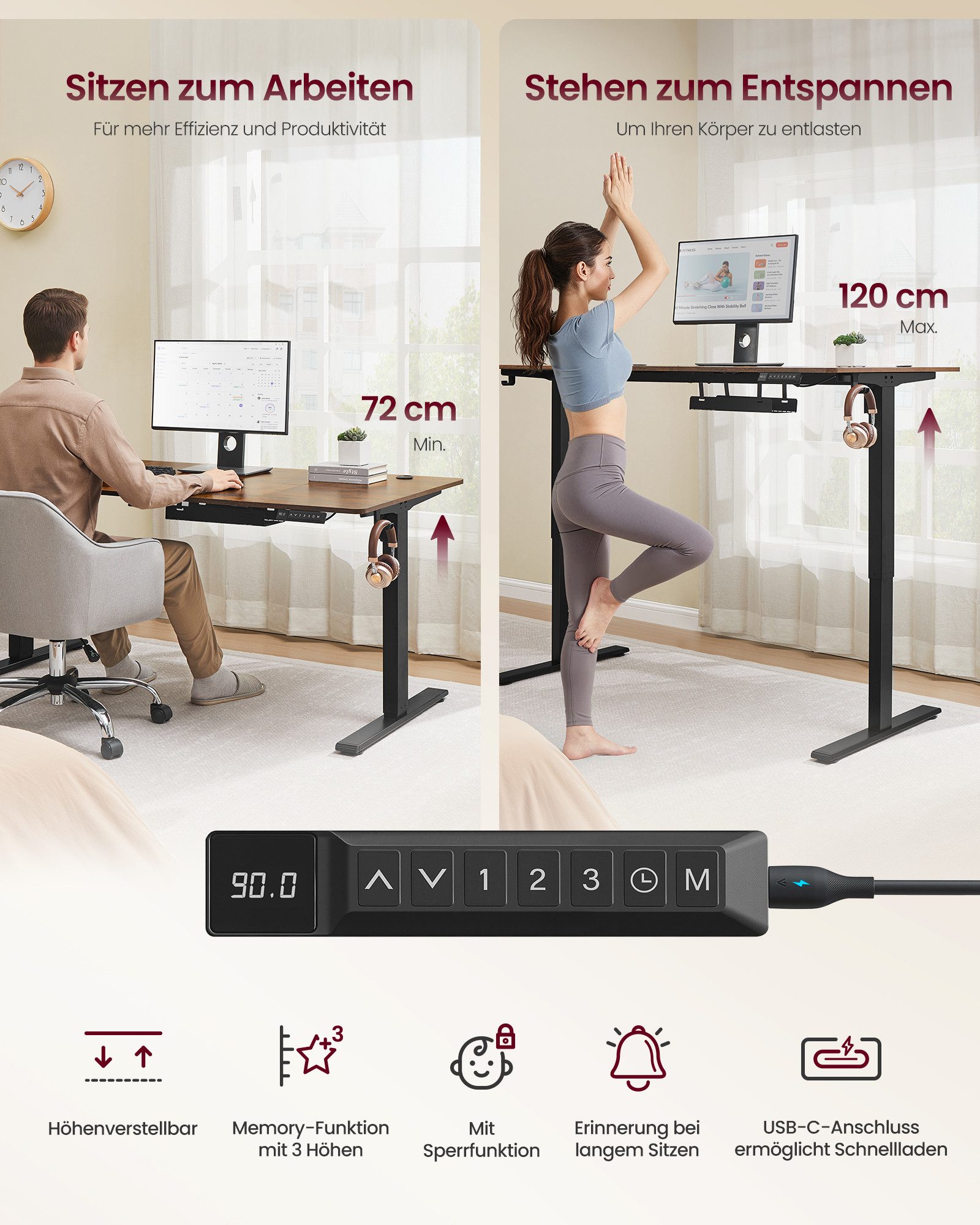 VASAGLE Schreibtisch Höhenverstellbarer, USB-C-Anschluss, Erinnerung bei langem Sitzen, Ablage für Steckdosenleiste, 3 Speichertasten, 140/160/180cm – Bild 5 von 5