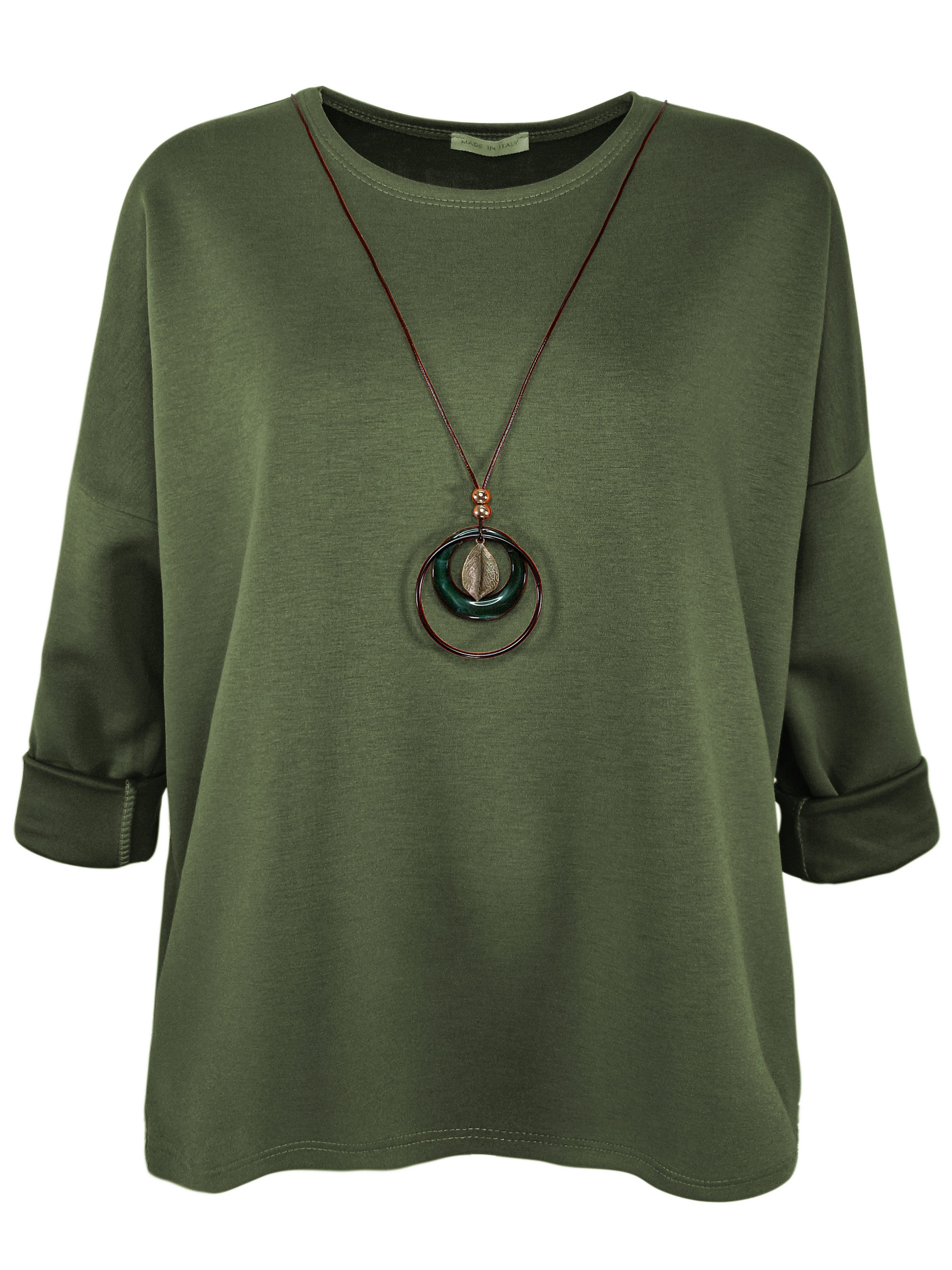 dy_mode Longshirt Damen Longshirt Oversize Weites Tunika Shirt Oberteil Übergangszeit in Unifarbe, mit passende Kette