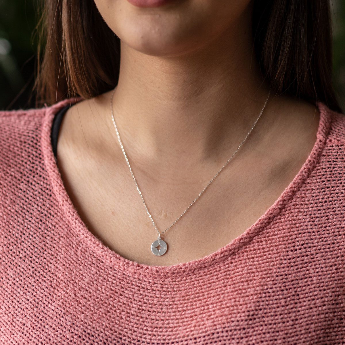 Materia Runder Anhänger Kompass / Windrose Anhänger verstellbar 40-45cm CO-44, 925 Sterling Silber