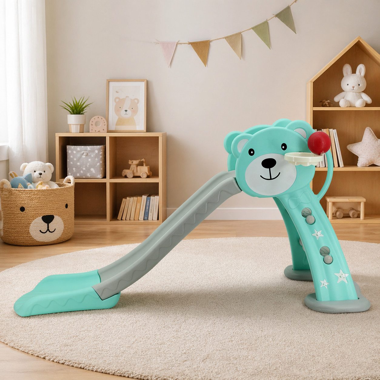 Sweety-Toys Indoor-Rutsche Kinder Rutsche im Teddybären-Design türkis mit Basketballkorb