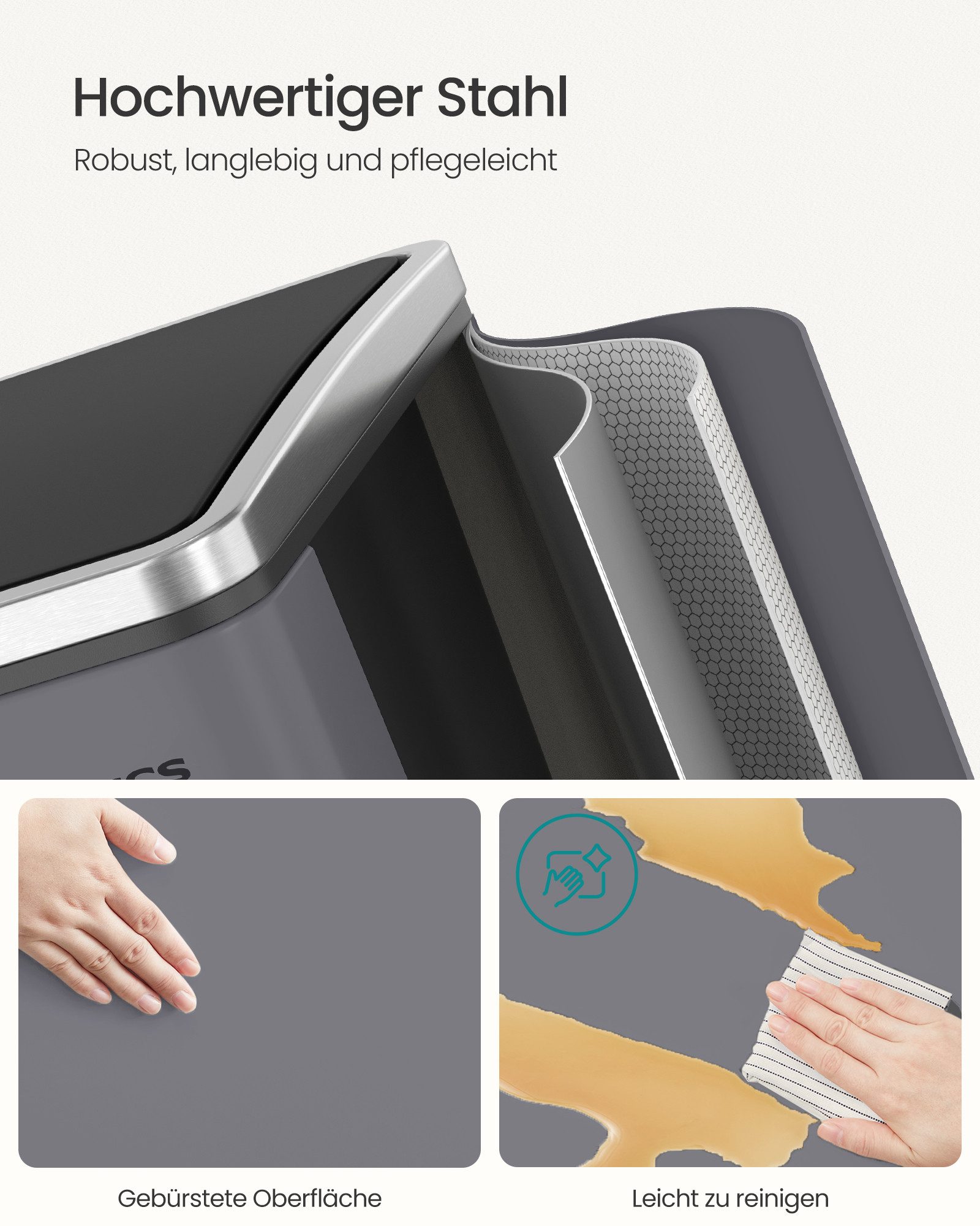 SONGMICS Mülleimer 2 Fächer, Mülltrennsystem, Treteimer, Abfalleimer Küche, 15 Müllsäcke, 2x15 L, Inneneimer aus Kunststoff, Klappdeckel, Softclose, luftdicht