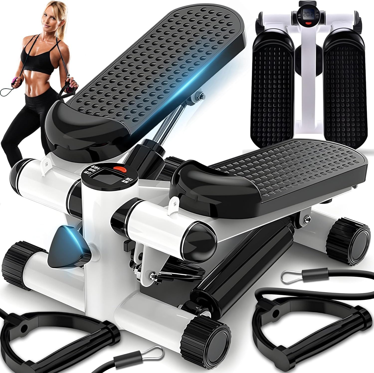 MOPUEA Mini-Stepper Mini-Stepper Leiser Stepper Mini-Heimtrainingsgerät mit 2 Spannseilen (1-tlg., Leises Training mit stoßdämpfenden Pads), Ganzkörpertraining mit 2 Widerstandsbändern