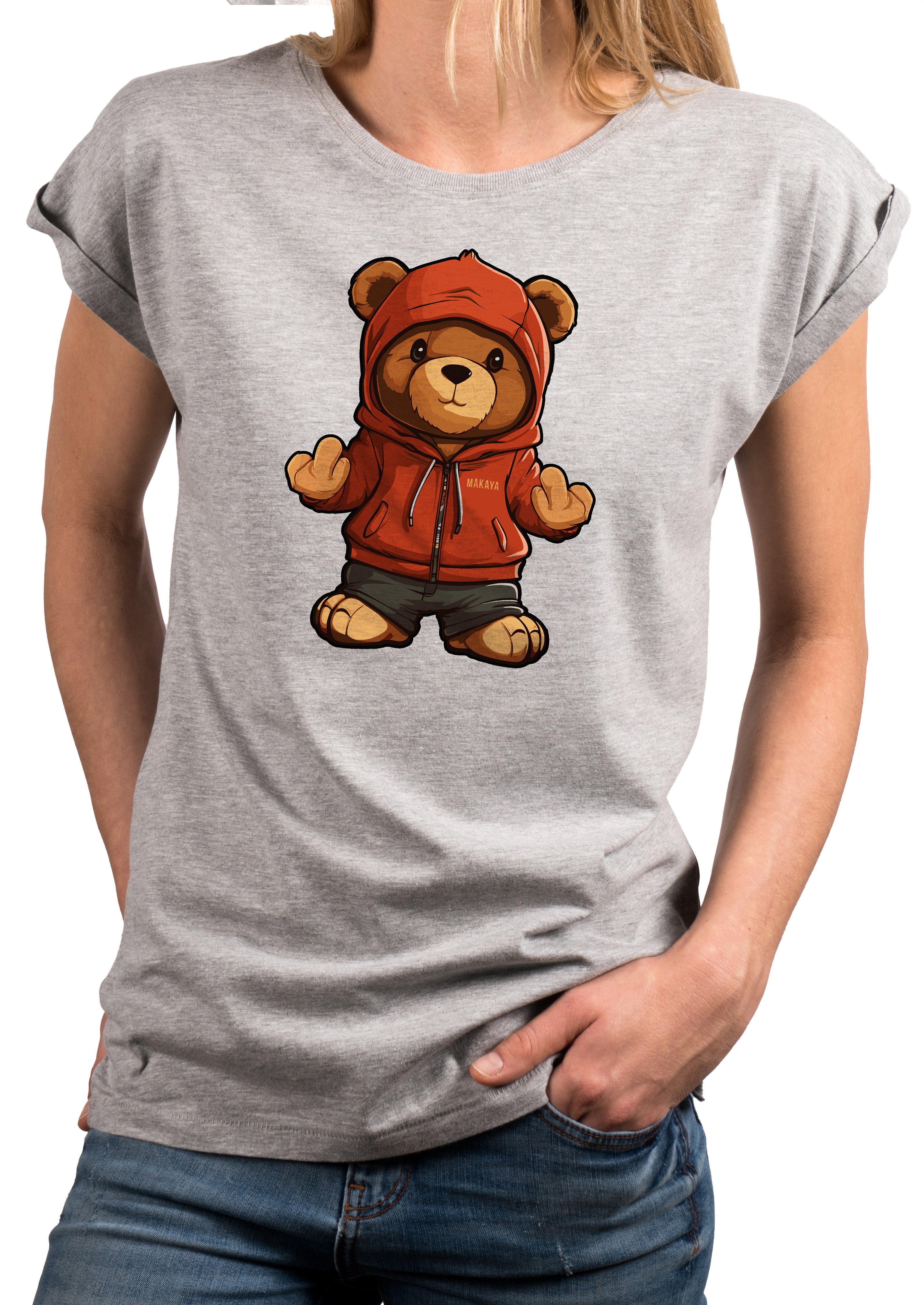 Grau lustige coole Motiv Kurzarm freche sexy Teddybär Damen Teddy, Print-Shirt MAKAYA Sommer Tops