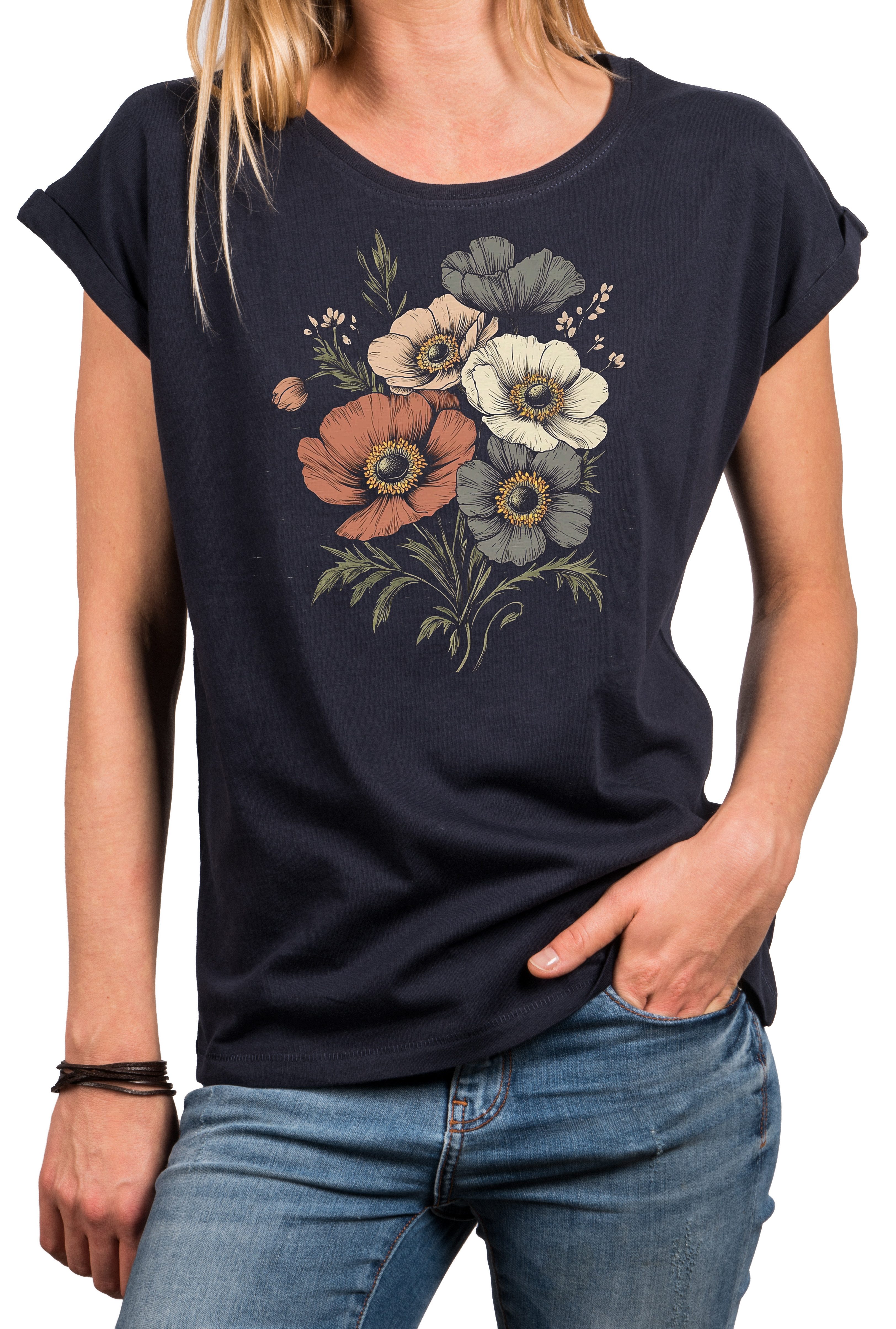 MAKAYA T-Shirt Damen Sommer Top mit Vintage Blumenprint im Retro Boho Style (Schwarz, Blau, Dunkelgrau, 34, 36, 38, 40, 42, 44, 46, 48, 50) Baumwolle
