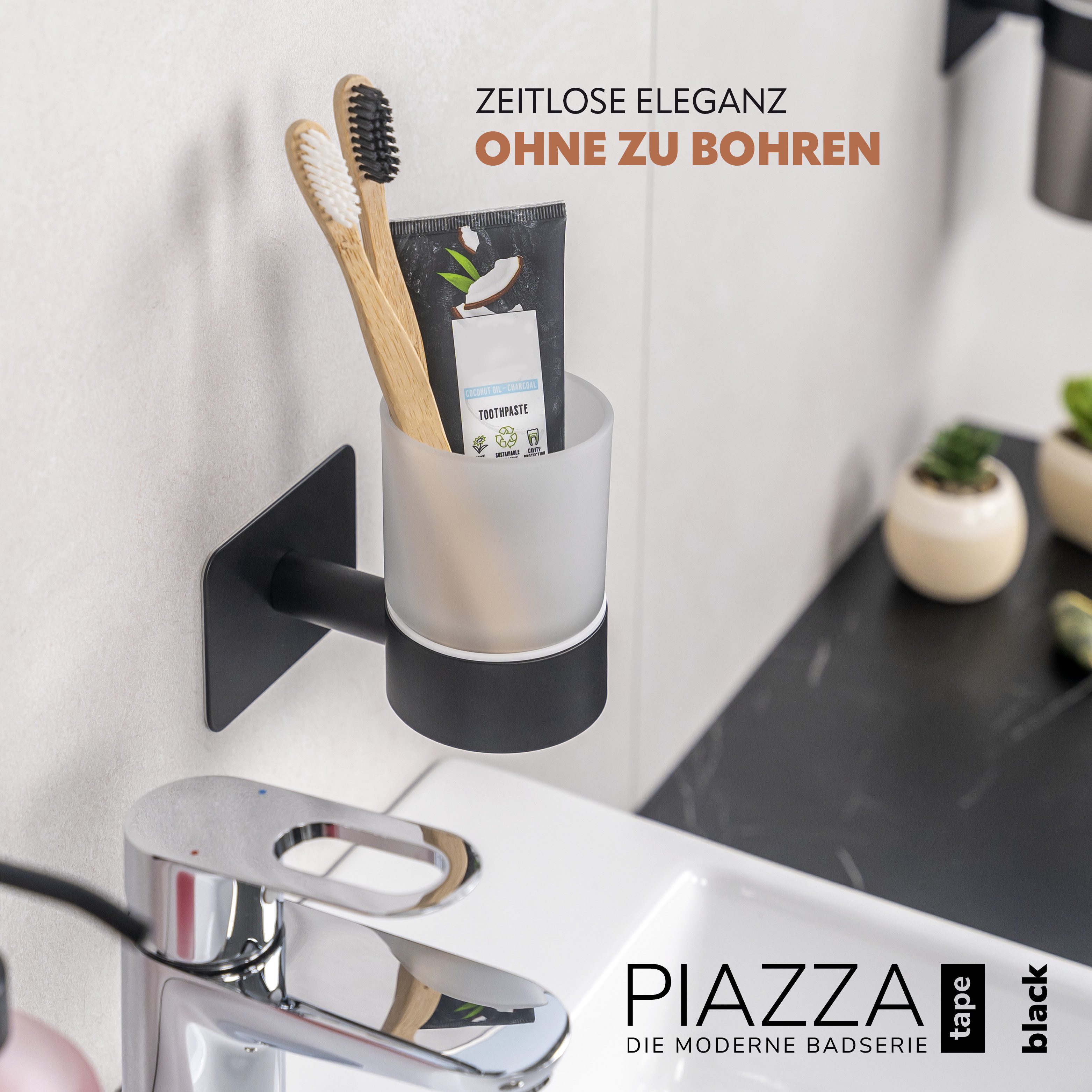 bremermann Zahnputzbecher Bad-Serie PIAZZA BLACK TAPE - mit Klebepad, schwa günstig online kaufen