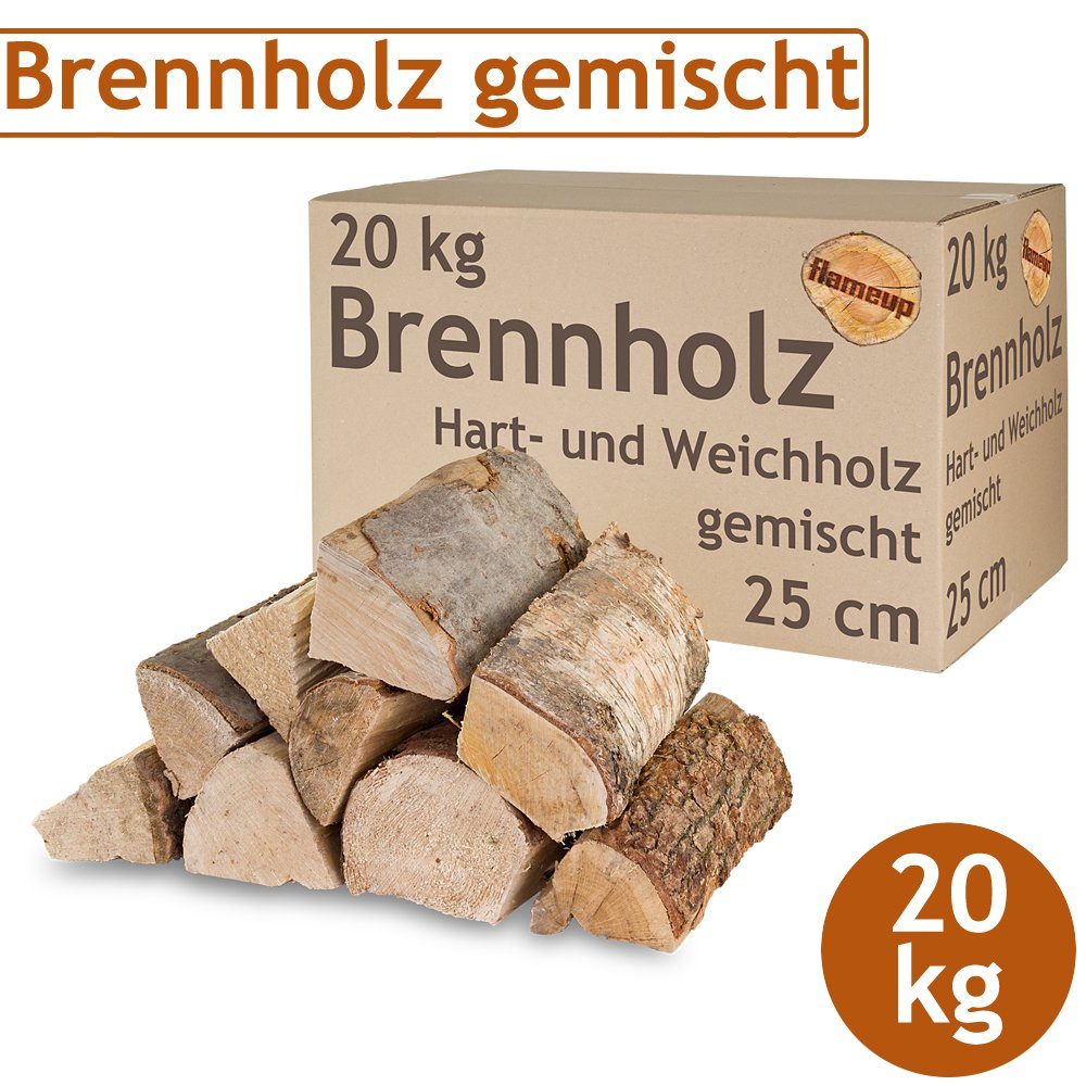 Flameup Kaminholz Brennholz Kaminholz gemischt 20 kg Holz Ofen Hartholz Weichholz 25 cm, 20 kg