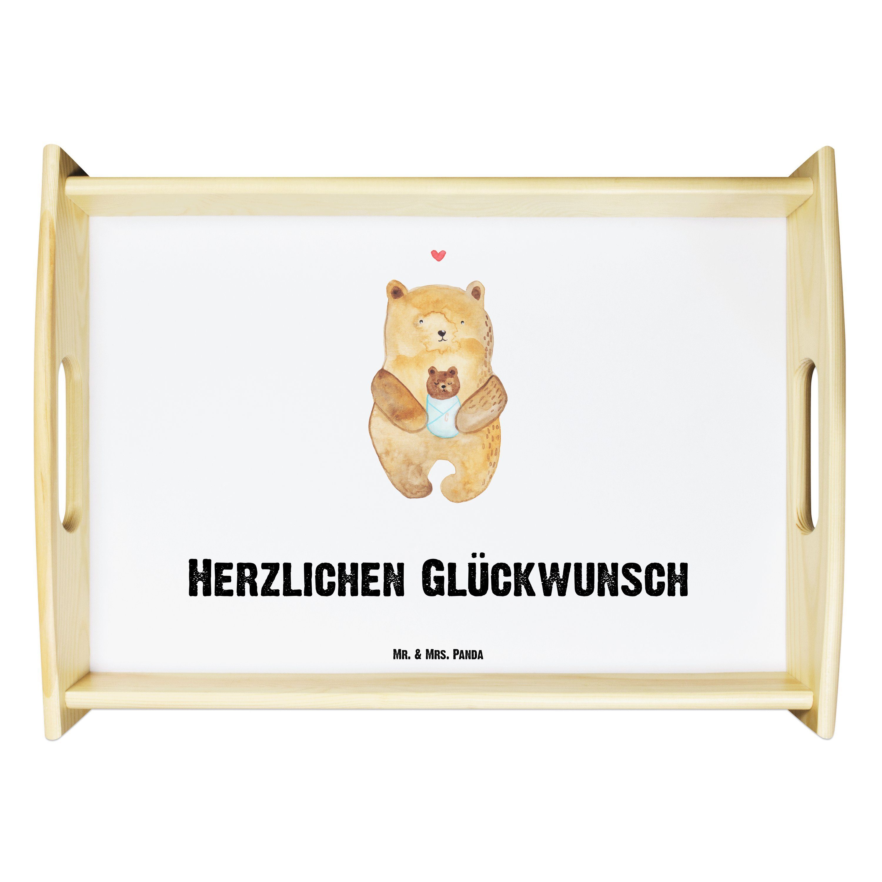 Mr. & Mrs. Panda Tablett Echtholz - Geschenk, Weiß Geburt, - mit Bär (1-tlg) Frühstückstablett, lasiert, Baby Tablett, T