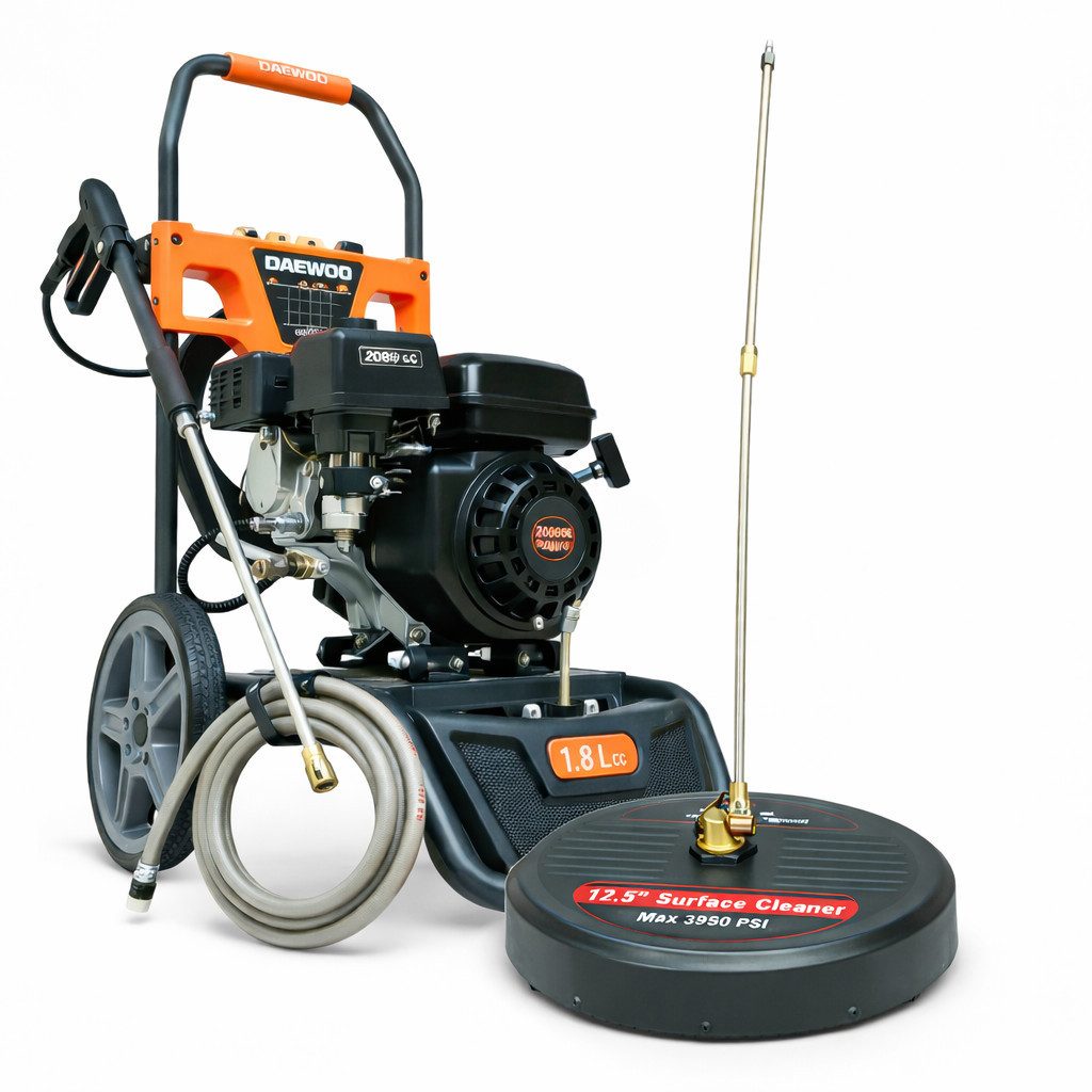DeTec. Hochdruckreiniger DAEWOO 7PS Benzin 207 bar mit Flächenreiniger Kombiset, Druck max: 207 bar, Fördermenge max: 600 l/h, Gewerbe- Industriereiniger mit Messing Pumpenkopf