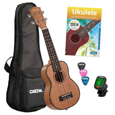 Cascha Ukulele Premium Mahagoni Bundle, Bundle, mit Tasche, Stimmgerät, Lernbuch und 3 Plektren