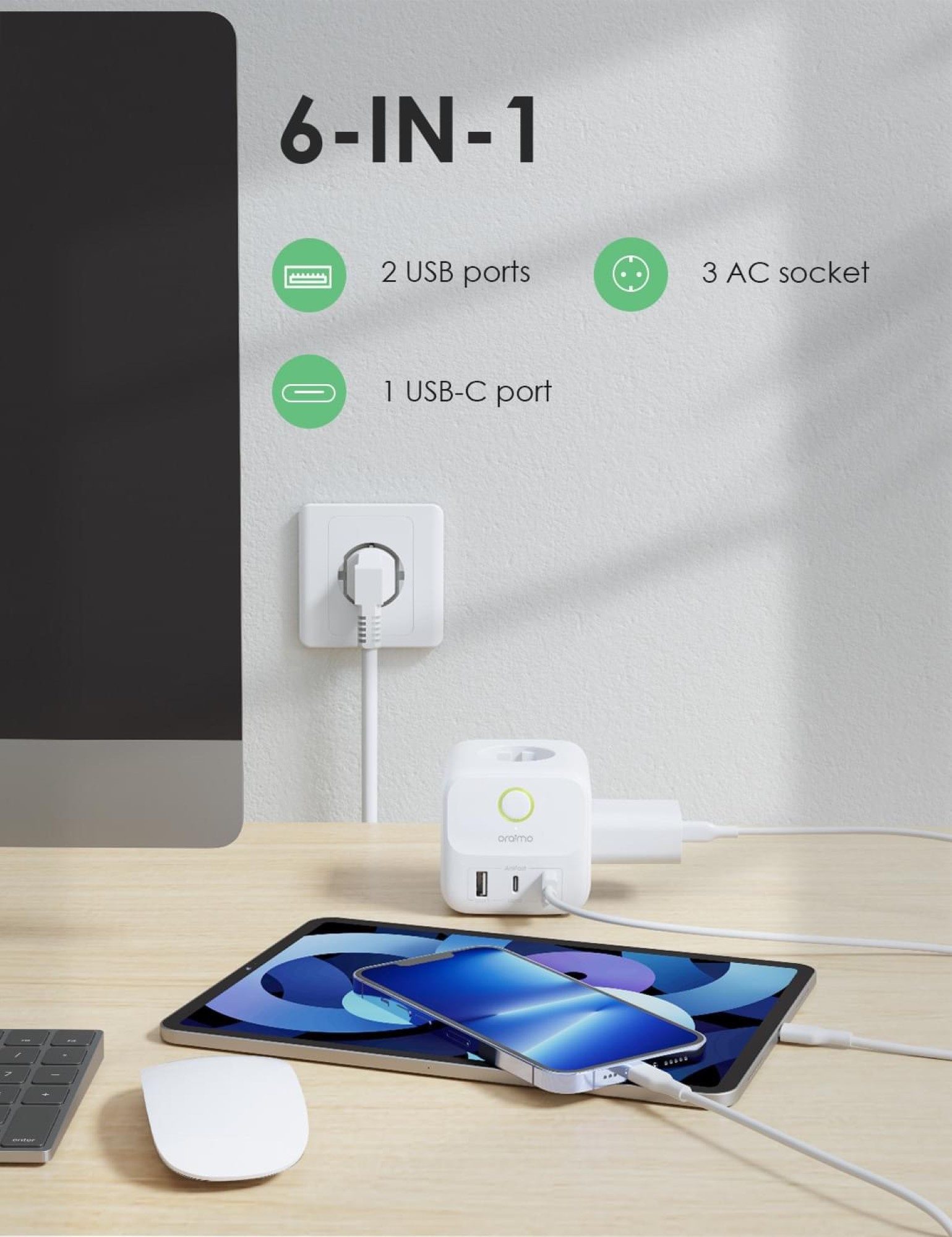 ORAIMO Würfel-Mehrfachsteckdose 20W 1,5M Kabel USB Typ C und USB Mehrfachsteckdose 6-fach (Ein- / Ausschalter, USB-Anschlüsse, Schalterbeleuchtung, USB-C Anschluss, Schutzkontaktstecker, Überspannungsschutz, Kabellänge 1.5 m), mit Schalter, mit USB und USV`B-C Anschlüsse Überspannungschutz