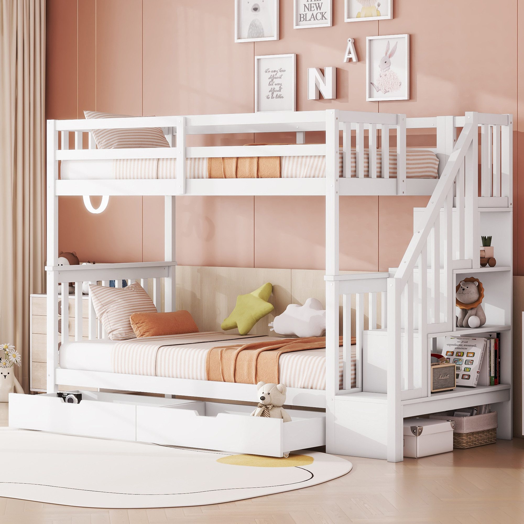 MODFU Etagenbett Kinderbett (Treppenregal, ausgestattet mit zwei Schubladen, hohe Geländer, 90*200cm), ohne Matratze
