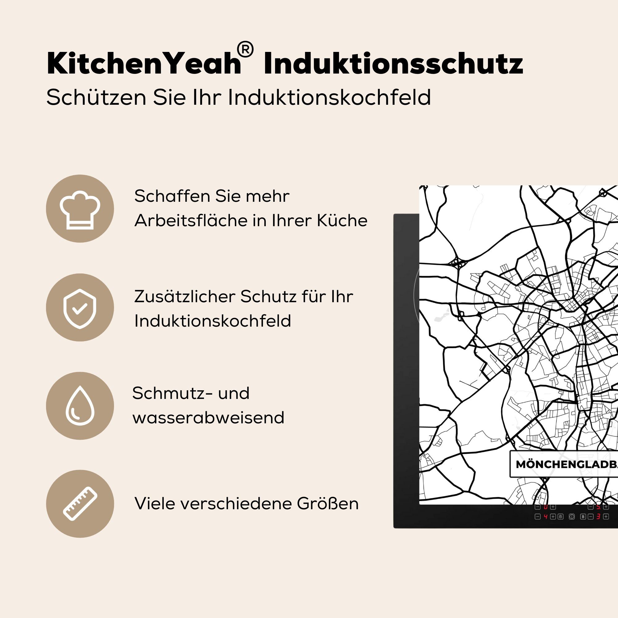 - MuchoWow Mönchengladbach cm, Ceranfeldabdeckung, Arbeitsplatte tlg), (1 Herdblende-/Abdeckplatte Stadtplan, - für Vinyl, Karte 78x78 küche