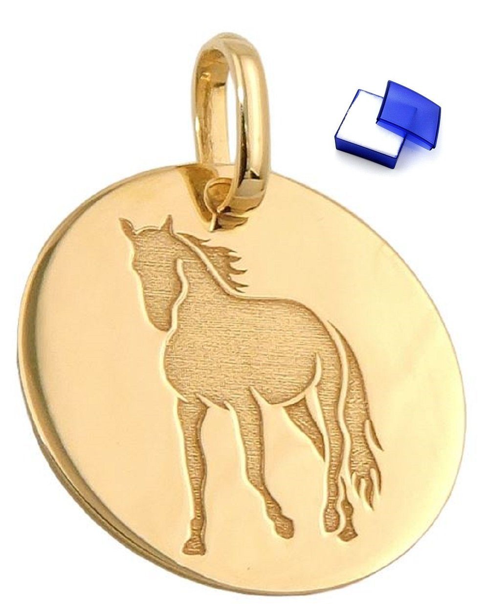 unbespielt Kettenanhänger Gravuranhänger mit Lasergravur Pferd glänzend 9 Karat Gold 14 mm, Goldschmuck für Damen und Herren