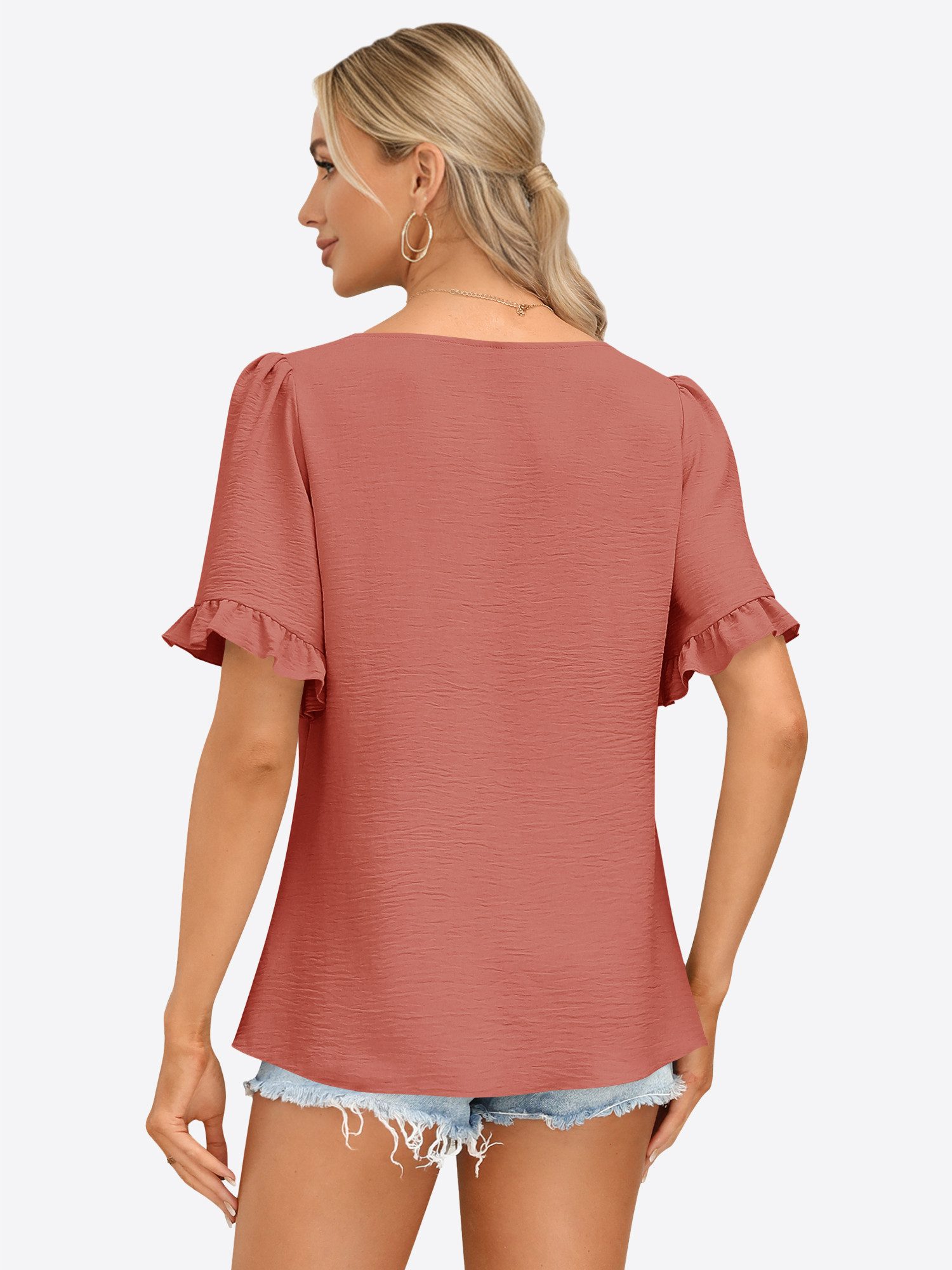 Imily Bela T-Shirt Damen Sommer Kurzarm Quadratausschnitt Puffärmeln Rüsche günstig online kaufen