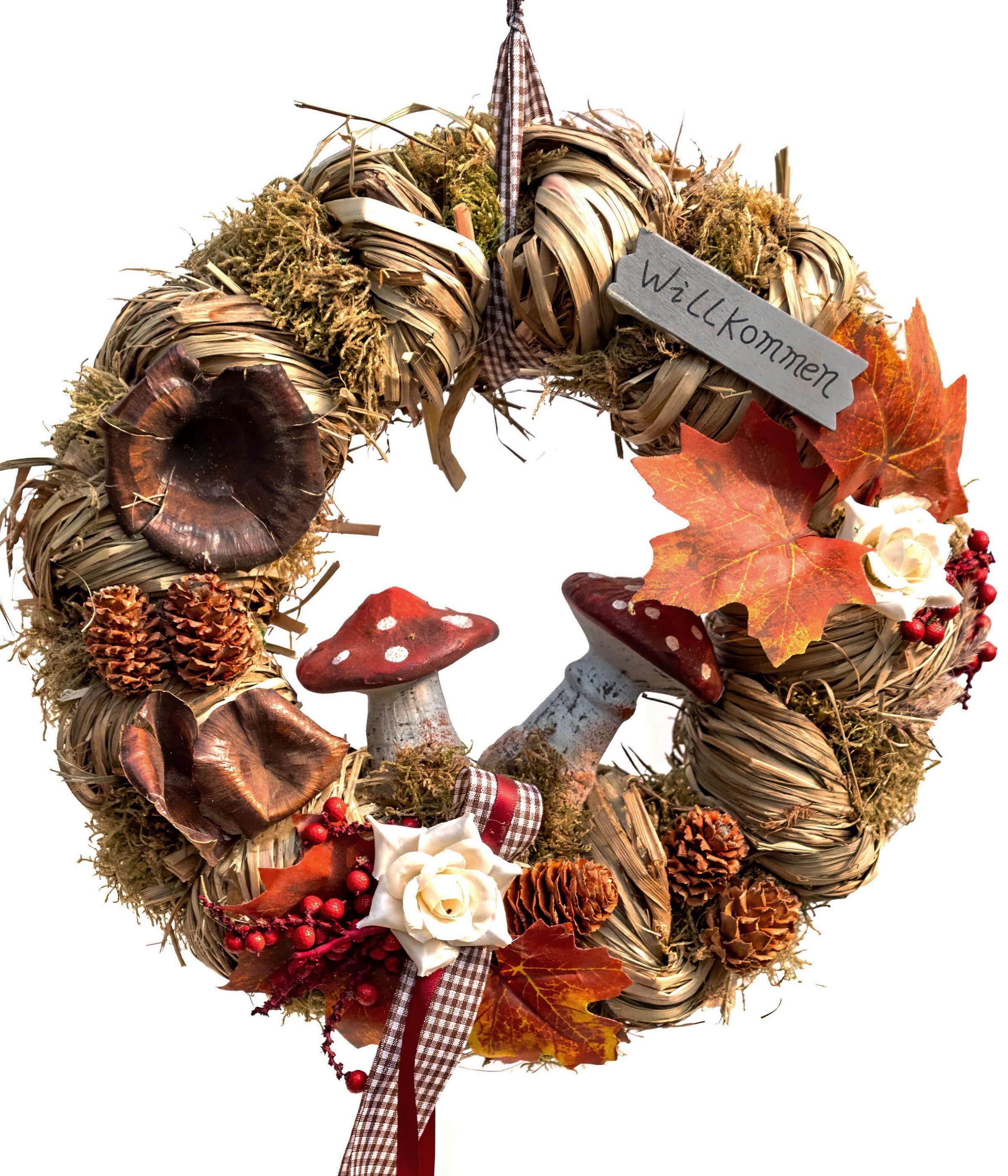 Dehner Dekokranz Glückspilz, Ø 28 cm, Höhe 10 cm, Kunststoff / Heu / Moos, handgefertigter Herbst Kranz, einseitig gebunden
