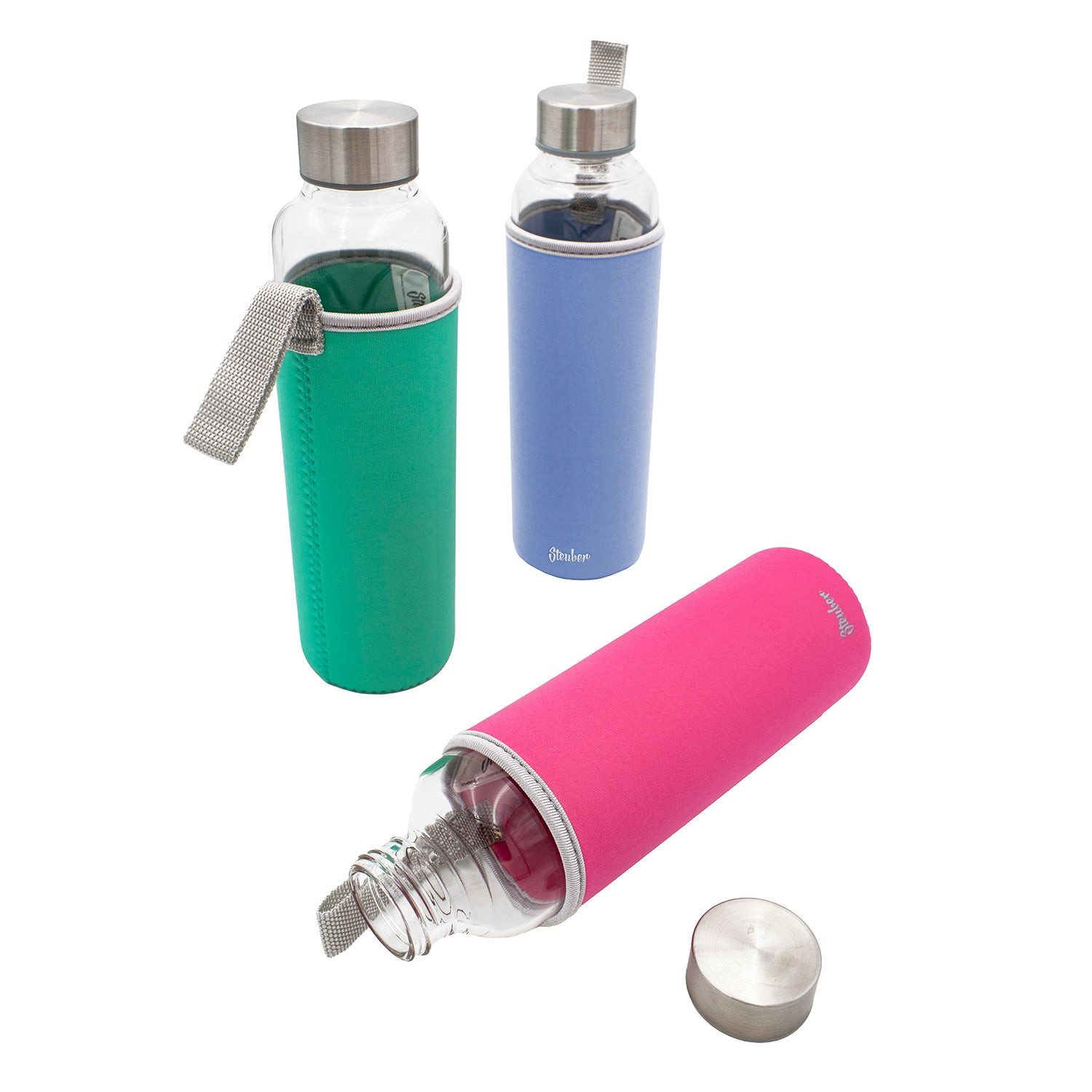 Steuber Trinkflasche Glas-Trinkflasche 550 ml mit Neoprentasche, Glas-Trinkflasche 550 ml mit isolierender Neoprentasche