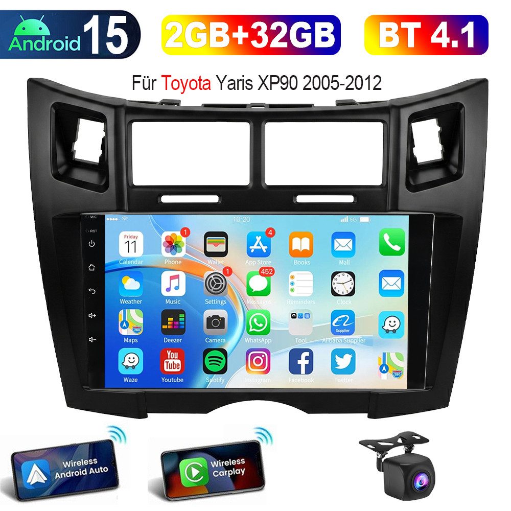 ESSGOO 4+64G 9'' Android15 Radio Toyota Yaris XP90 2005-2012 CarPlay Navi SWC Autoradio (RDS, 4+64GB(optional), Digitalradio (DAB), DAB (optional), FM, SWC, Apple Carplay Android Auto GPS Navi WIFI BT EQ)