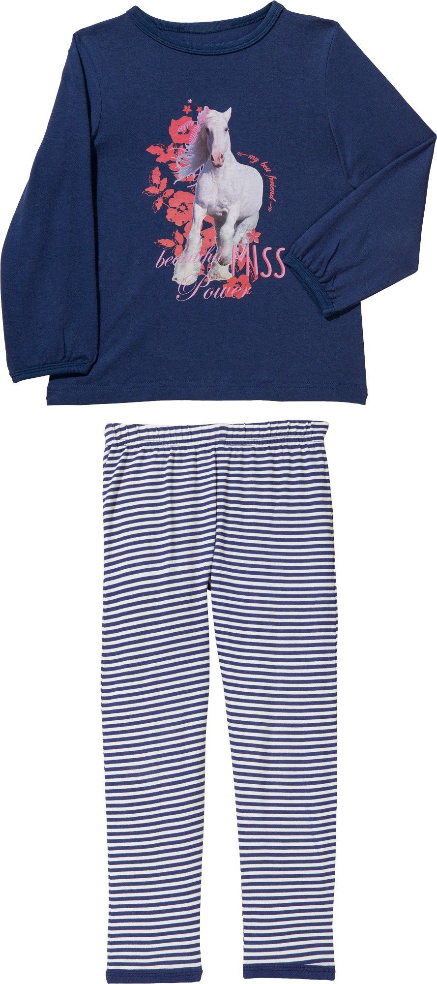 Erwin Müller Pyjama Kinder-Schlafanzug Single-Jersey Streifen: Hose, gestrickter Streifen/Tiermotive: Pferd