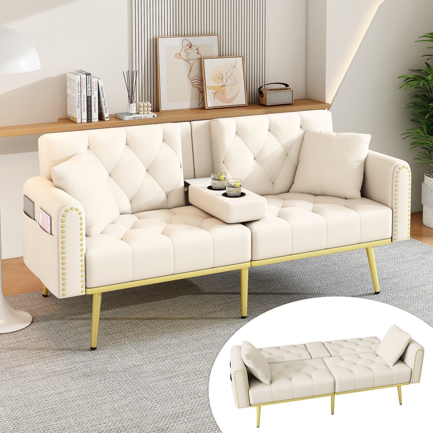 ANYSUN Schlafsofa Doppelt ausklappbares Schlafsofa mit Liegefunktion, drei verstellbaren Neigungswinkeln und Getränkehalter., Geeignet für Wohnzimmer, Schlafzimmer, Heimkino oder Gästezimmer.