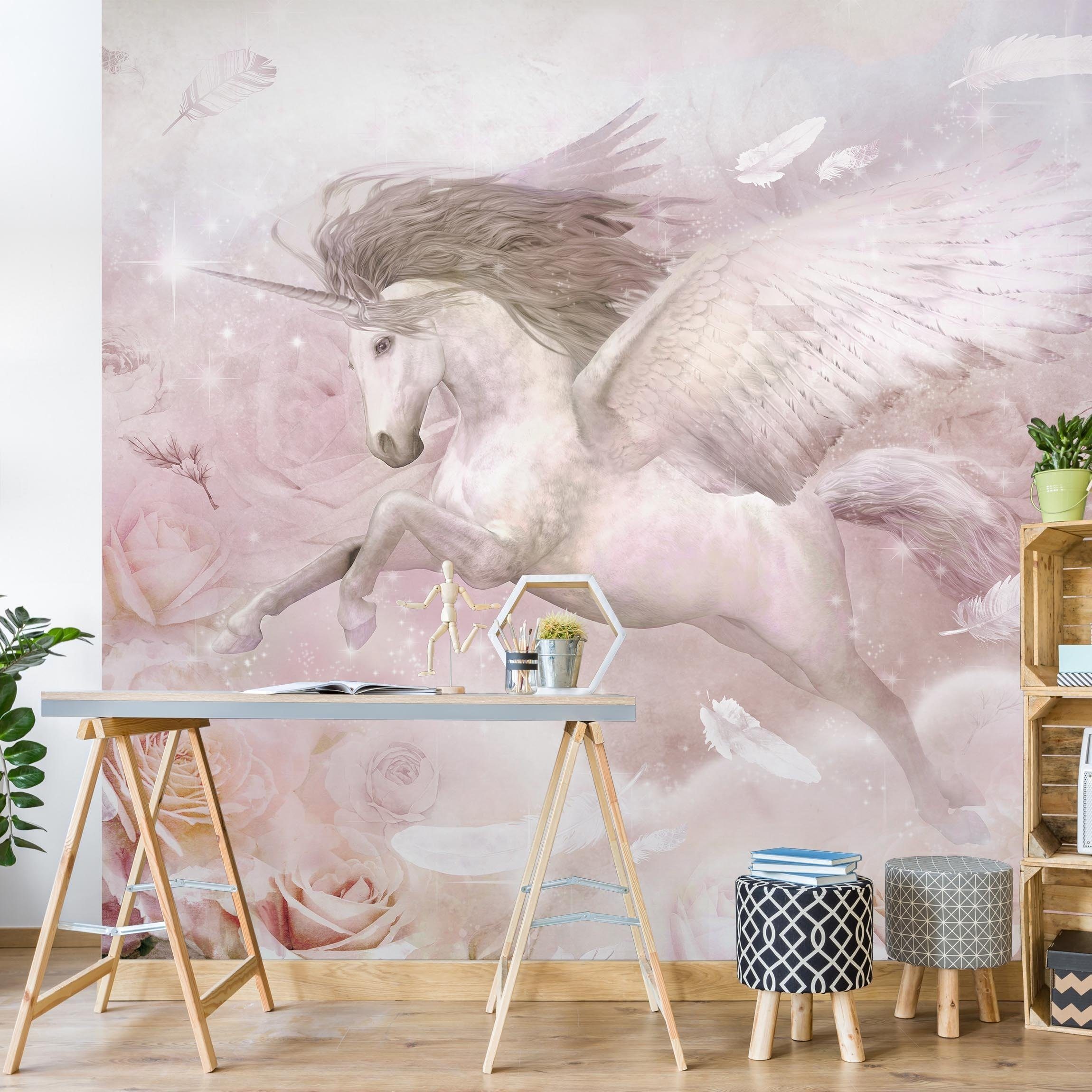 Bilderdepot24 Kindertapete Kinderzimmer Pegasus Einhorn Rosen Kinder Wanddeko Aquarell Pastell, Glatt, Matt, (Inklusive Gratis-Kleister oder selbstklebend), Mädchenzimmer Jungenzimmer Babyzimmer Bildtapete Fototapete Wandtapete