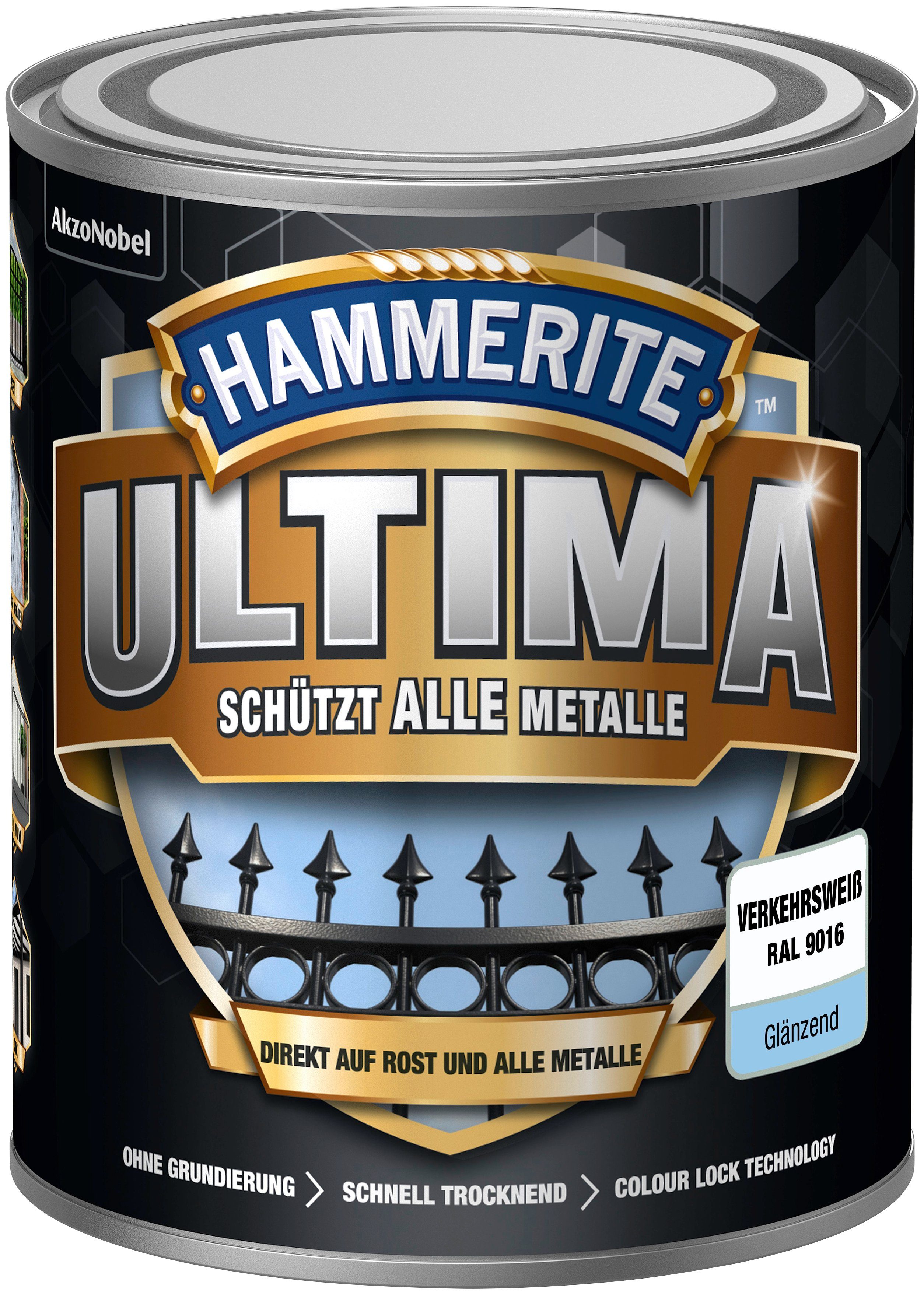 9016, Hammerite  RAL alle glänzend 3in1, ULTIMA schützt Metallschutzlack verkehrsweiss Metalle,