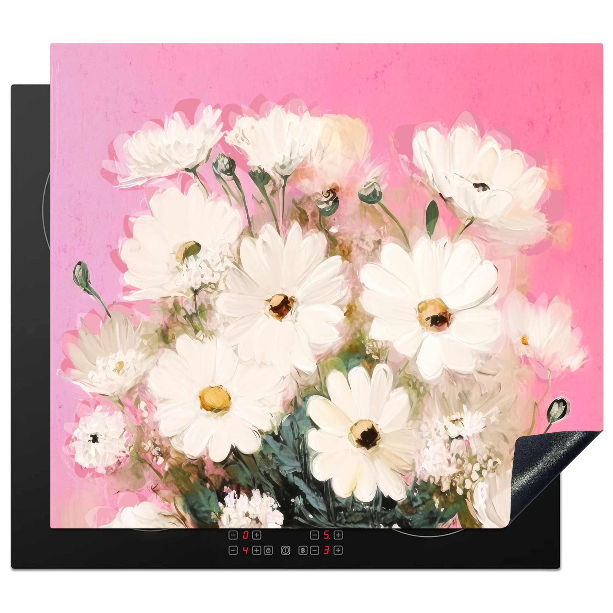 Mobile (1 MuchoWow nutzbar, - Vase 60x52 Weiß, - - Ceranfeldabdeckung Arbeitsfläche Vinyl, Herdblende-/Abdeckplatte Pflanzen cm, tlg), Blumen