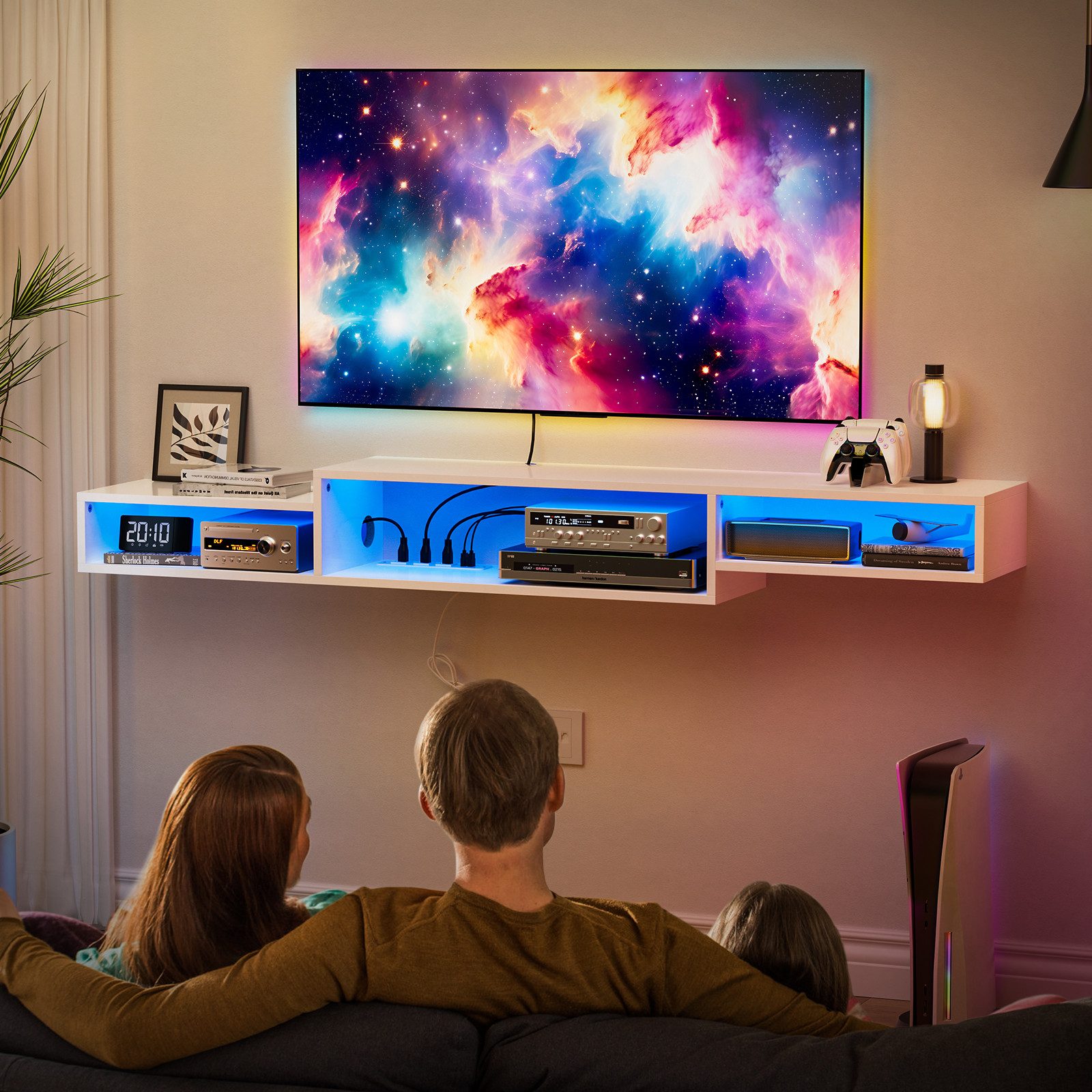 FABATO TV-Schrank schwebender und hängender Fernsehschrank, Lowboard mit LED-Licht mit Steckdosen und Ablagefach für Wohnzimmer, Weiß, 180*28*15 cm