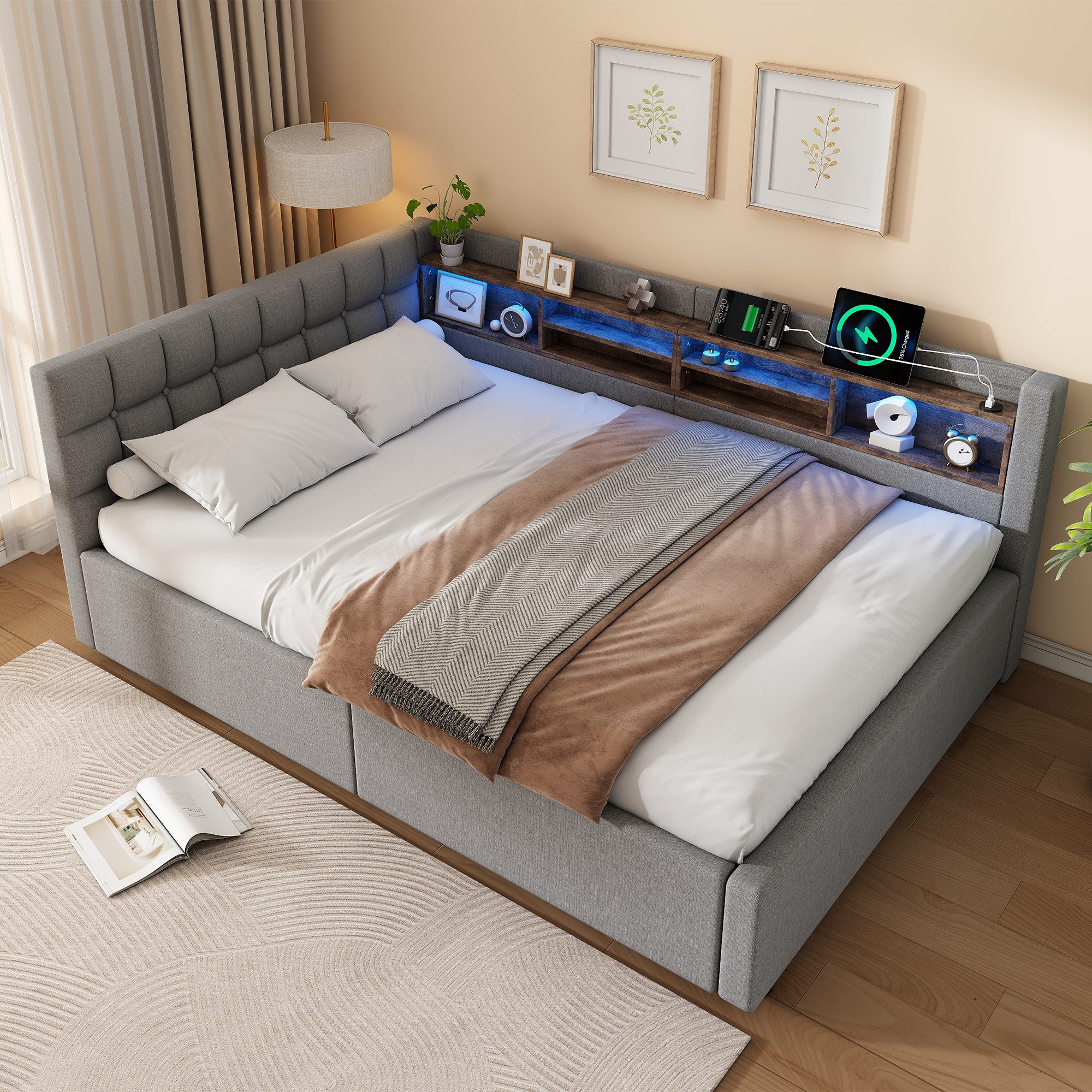 Merax Daybett mit LED-Beleuchtung & USB-Anschluss, Polsterbett mit Leinenbezug (Schlafsofa Jugendbett, 1 tlg), Tagesbett 140x200cm mit hydraulischem Stauraum &  – Bild 2 von 5