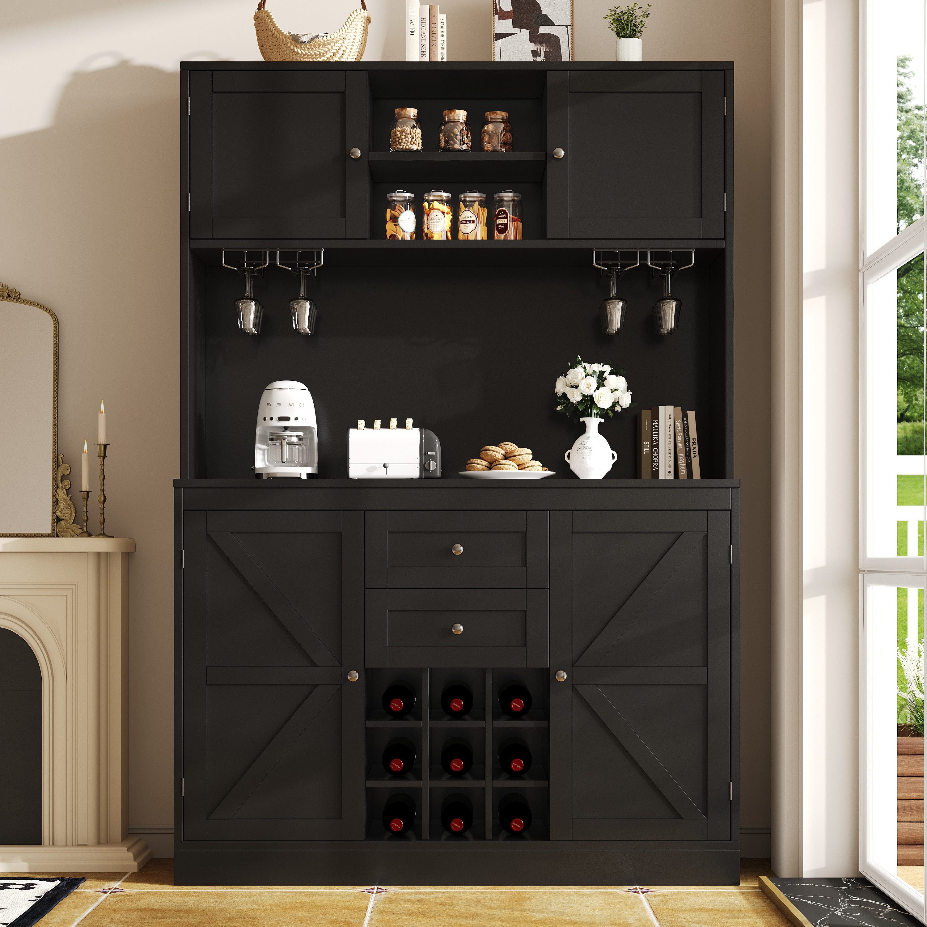 Flieks Küchenbuffet mit verstellbaren Ablagen & Weinregal & Türablagen (1-St., B120/T40/H188 cm) Hochschrank Küchenschrank Geschirrschrank mit Gläserhalter Schwarz