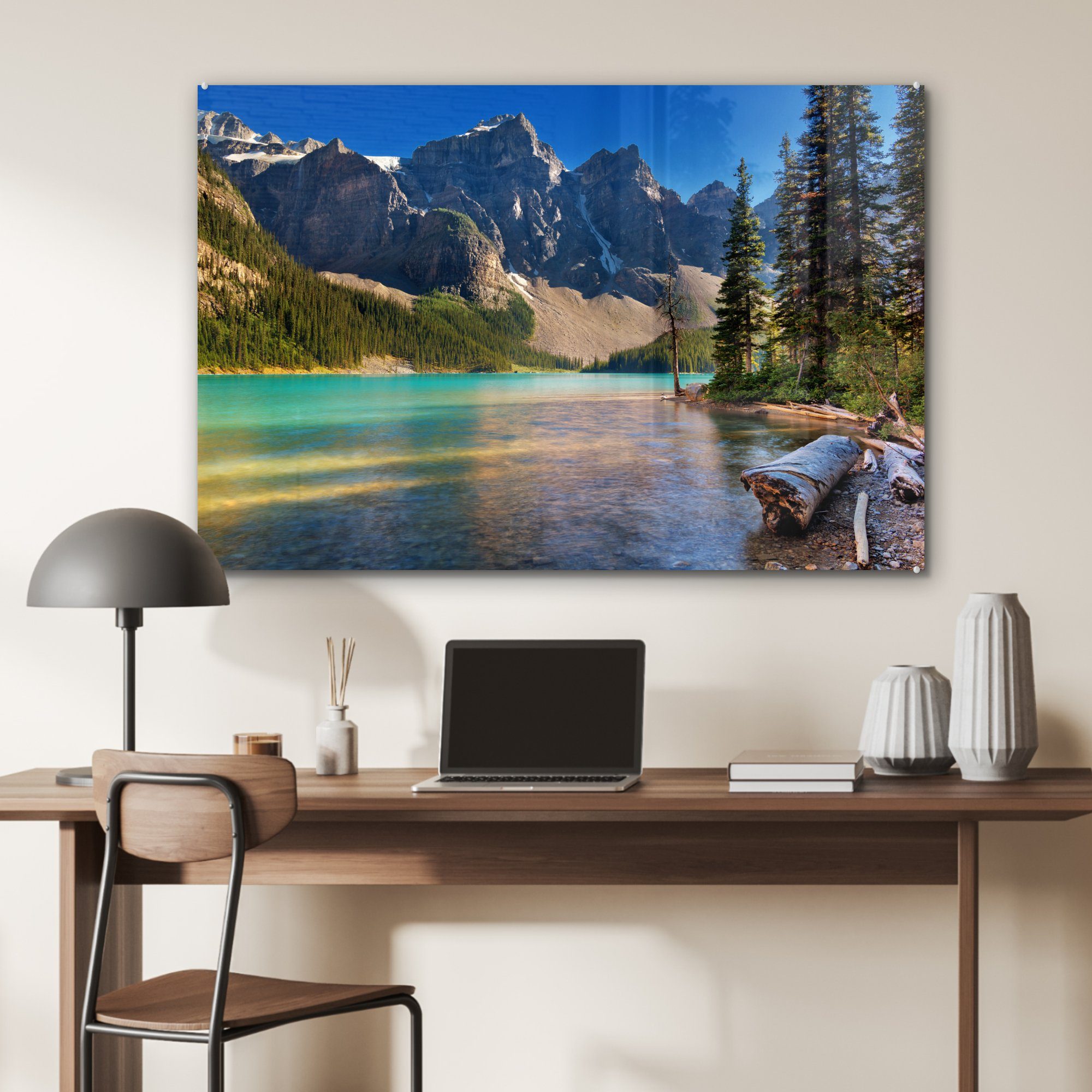 MuchoWow Acrylglasbild Kiefern und Berge Wohnzimmer & Lake bei Kanada, Sonnenuntergang (1 über St), Moraine in Schlafzimmer Acrylglasbilder dem