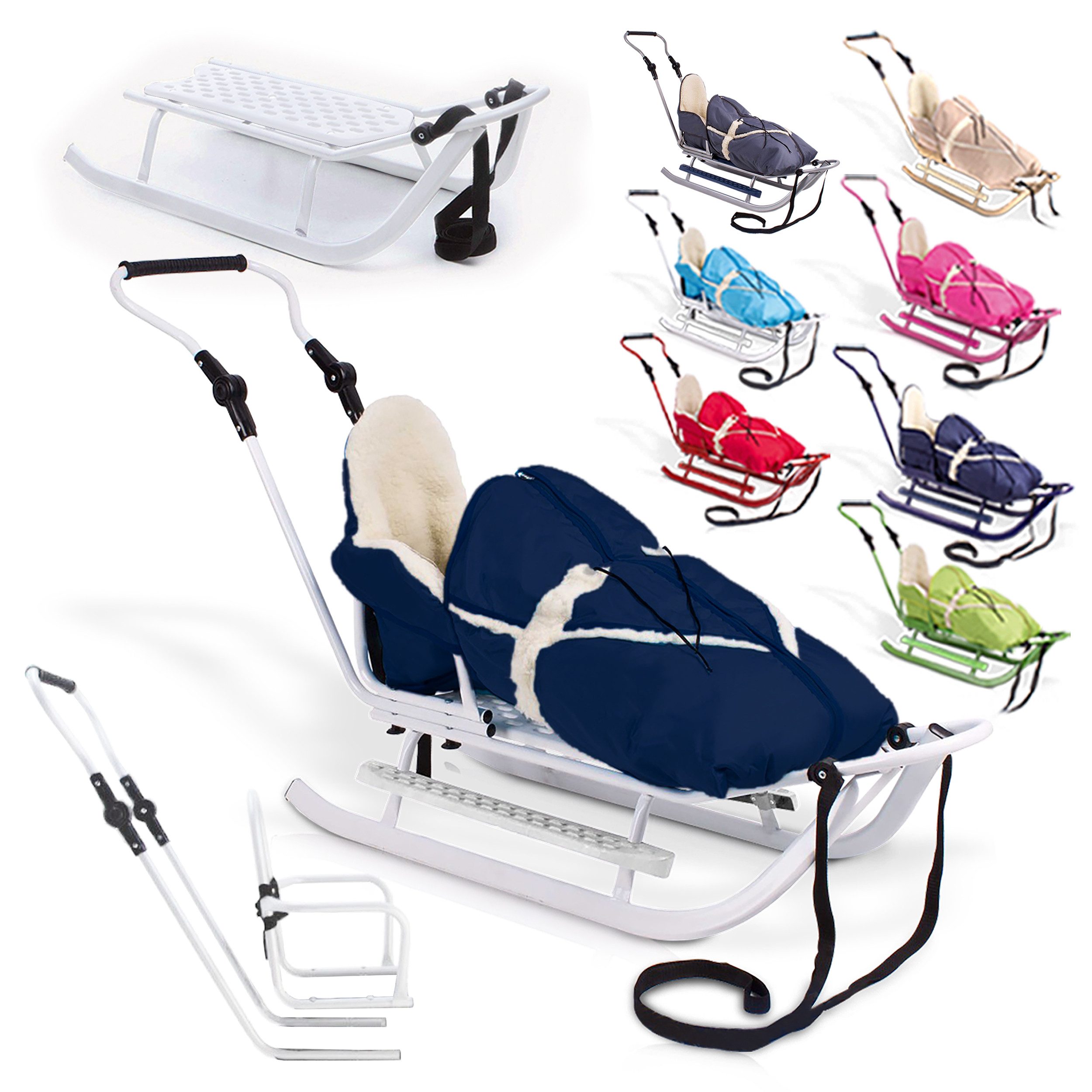 Onbest Schlitten Metallschlitten für Kinder mit Fußsack Rückenlehne Zugleine, 120 kg, höhenvestellbar, Stahlgestell, Schiebegriff