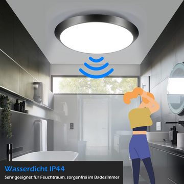 Nettlife LED Deckenleuchte Neutralweiß mit bewegungsmelder Schwarz innen 4000K 15W, IP44 Wasserdicht, LED fest integriert, Neutralweiß, für Badzimmer Eingangs Treppe Flur