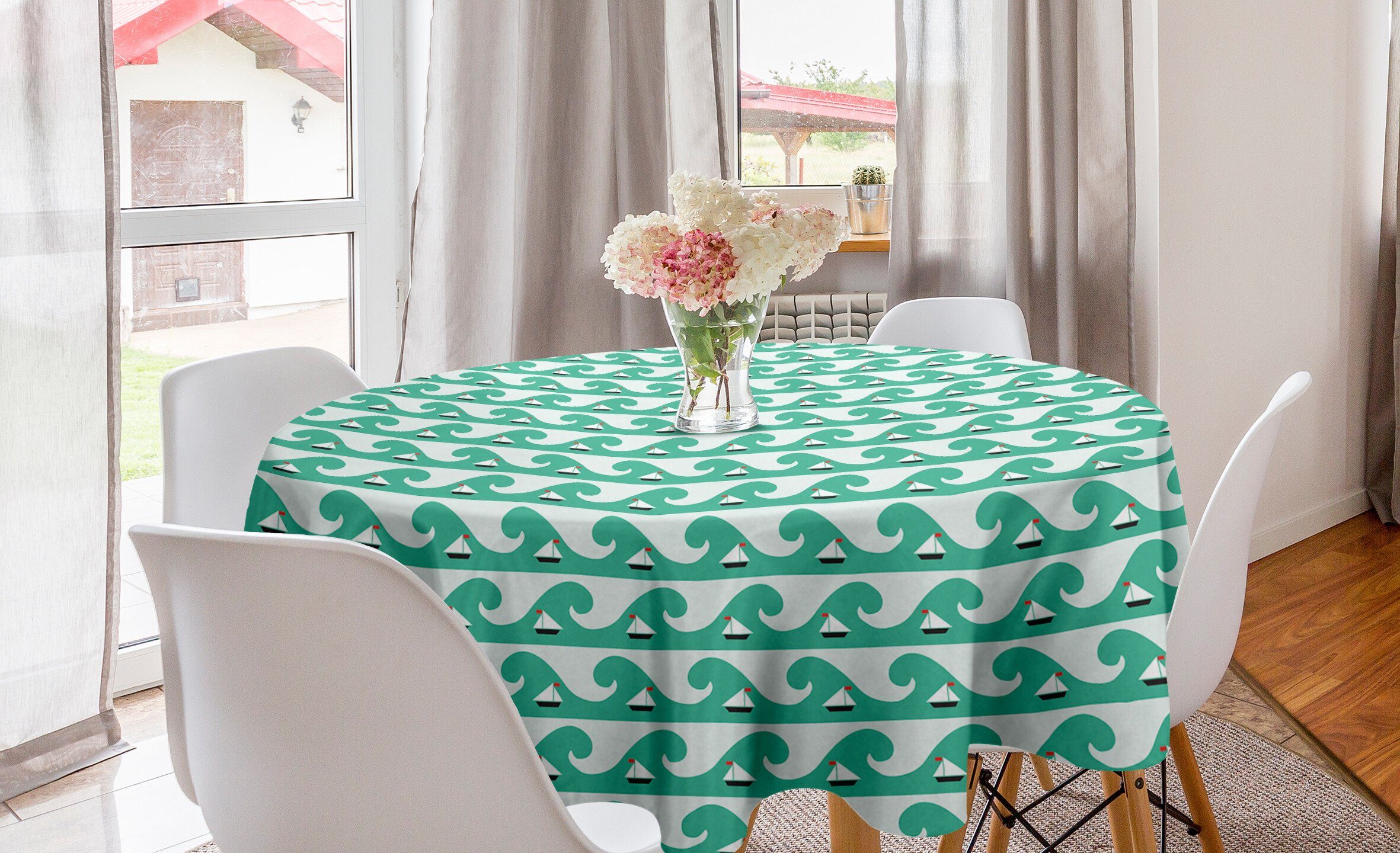 Abakuhaus Tischdecke Kreis Tischdecke Abdeckung für Esszimmer Küche Dekoration, Nautisch Kleine Segelboote und Wellen