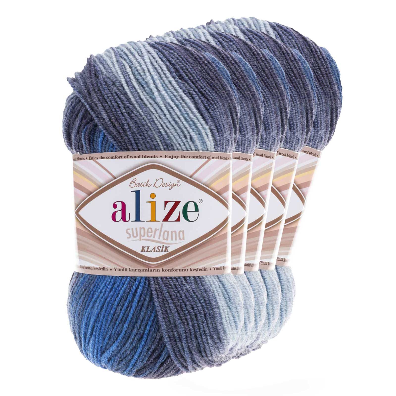 Alize 5 x 100g ALIZE Superlana Klasik Batik 25% Wolle Häkelwolle, 280 m, 4761 Blautöne