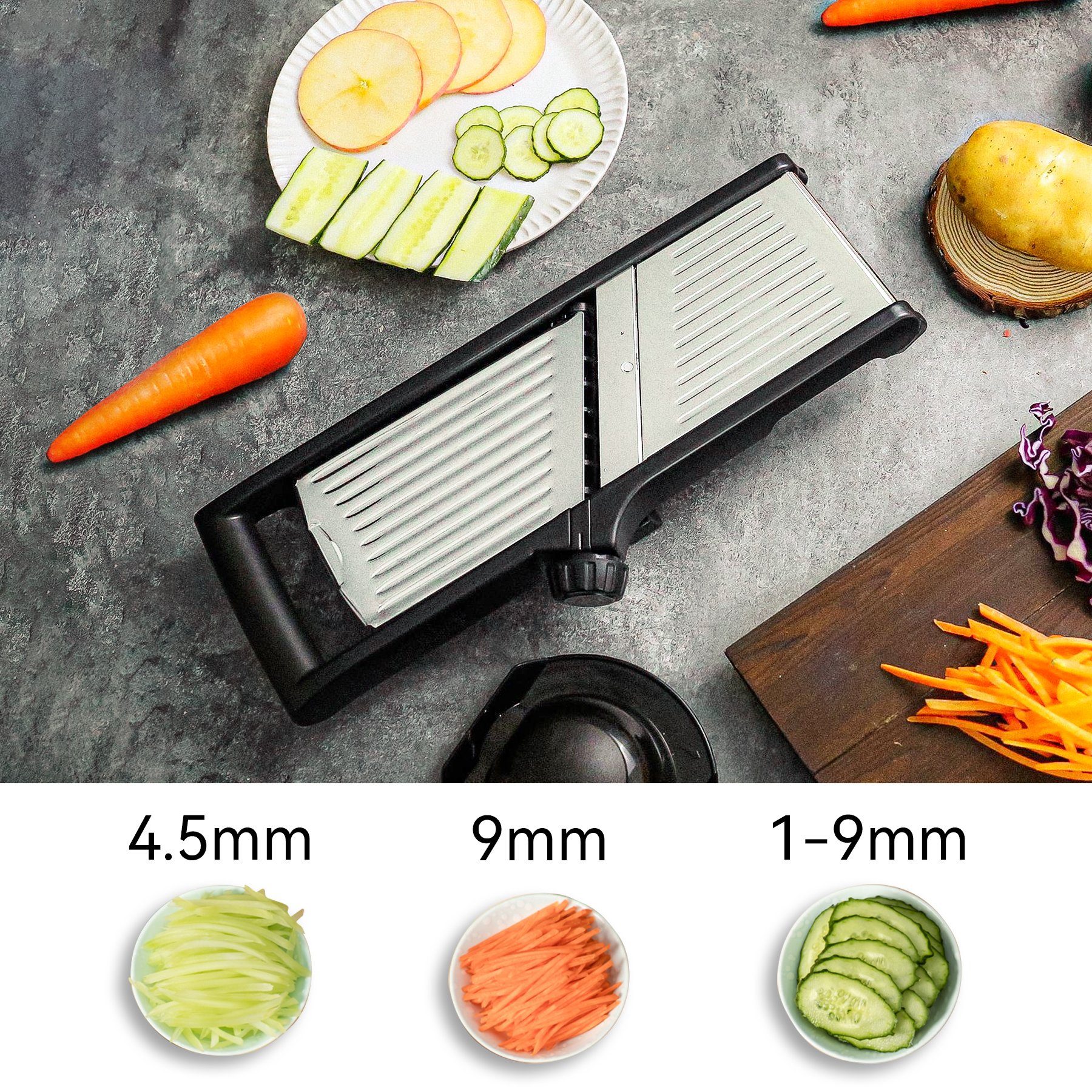 Senmudi Gemüseschneider Mandoline Gemüsehobel Verstellbar,Gemüseschneider mit Edelstahlklingen, Multifunktionaler Gemüseschneider für Gurke. – Bild 4 von 5