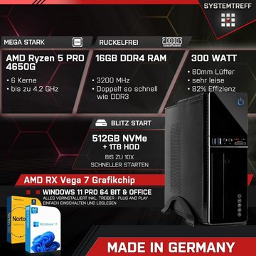 SYSTEMTREFF Mini Mini-PC (AMD Ryzen 5 4650G, RX Vega 7, 16 GB RAM, 1000 GB HDD, 512 GB SSD, Luftkühlung, Windows 11, WLAN)