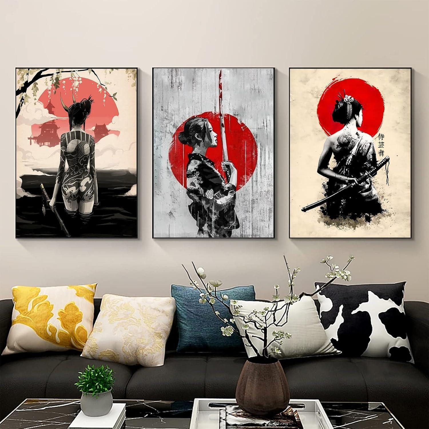 LuxusKollektion Leinwandbild Leinwand Poster Japanisch Frau Kunstdrucke Wandbilder Wohnzimmer, (3 St)